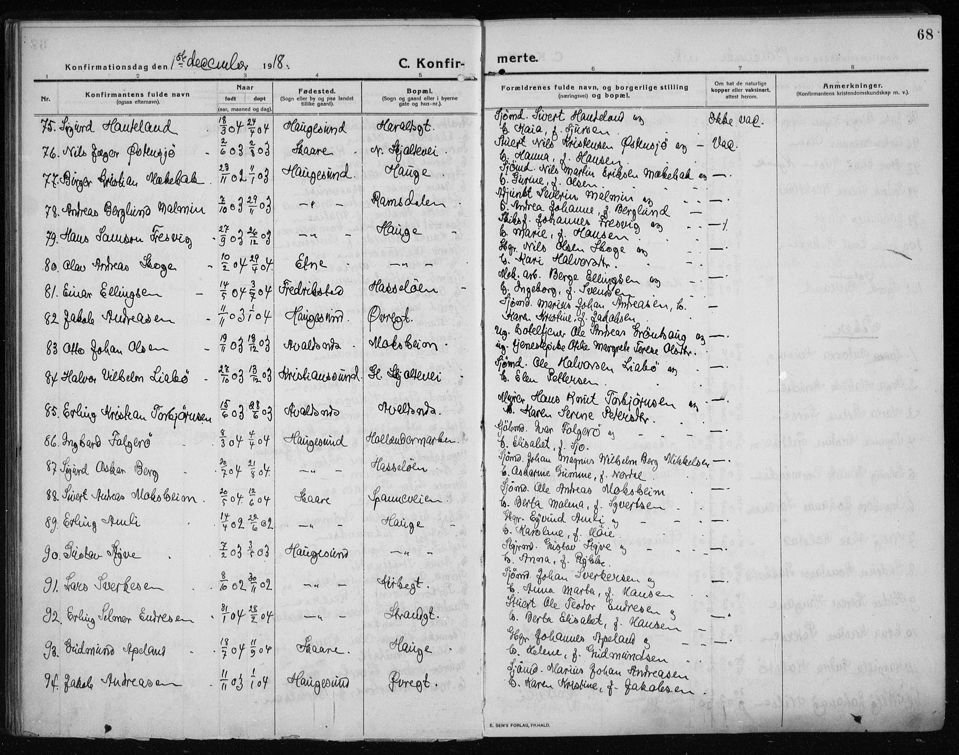 Haugesund sokneprestkontor, AV/SAST-A -101863/H/Ha/Haa/L0009: Ministerialbok nr. A 9, 1914-1929, s. 68