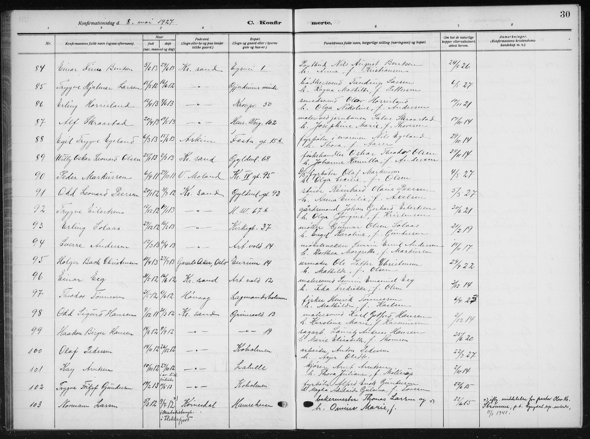 Kristiansand domprosti, AV/SAK-1112-0006/F/Fb/L0025: Klokkerbok nr. B 25, 1924-1934, s. 30
