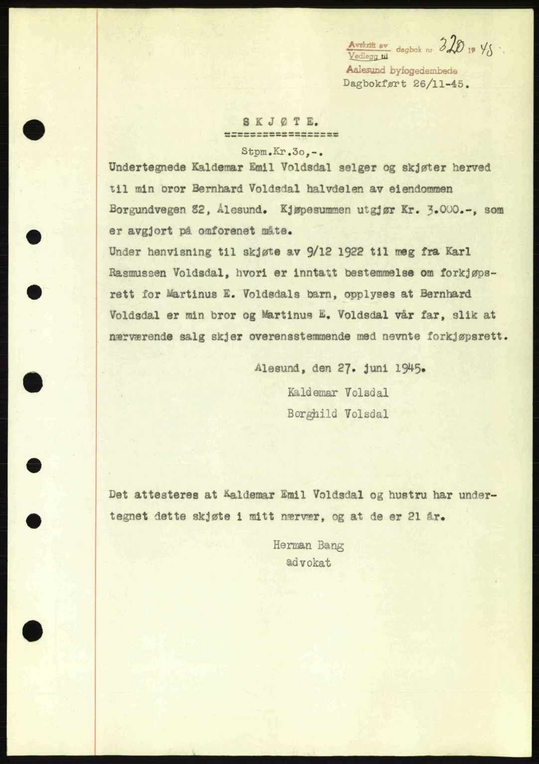 Ålesund byfogd, AV/SAT-A-4384: Pantebok nr. 36a, 1944-1945, Dagboknr: 320/1945