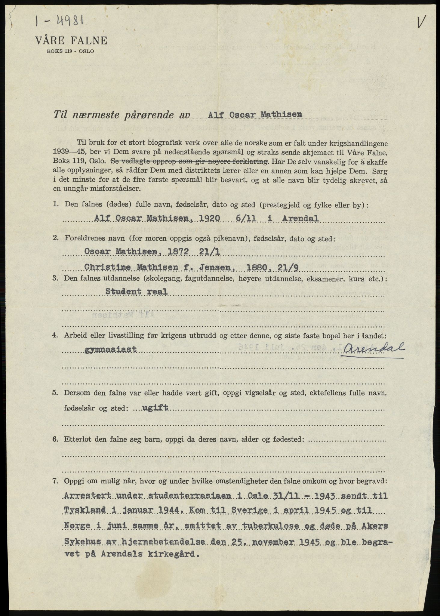 Sosialdepartementet, Våre Falne, RA/S-1708/E/Ee/L0094: Personmapper: Maliniak, M 4567c - Mathisen, Alfred 4635b, 1945-1951, s. 1023