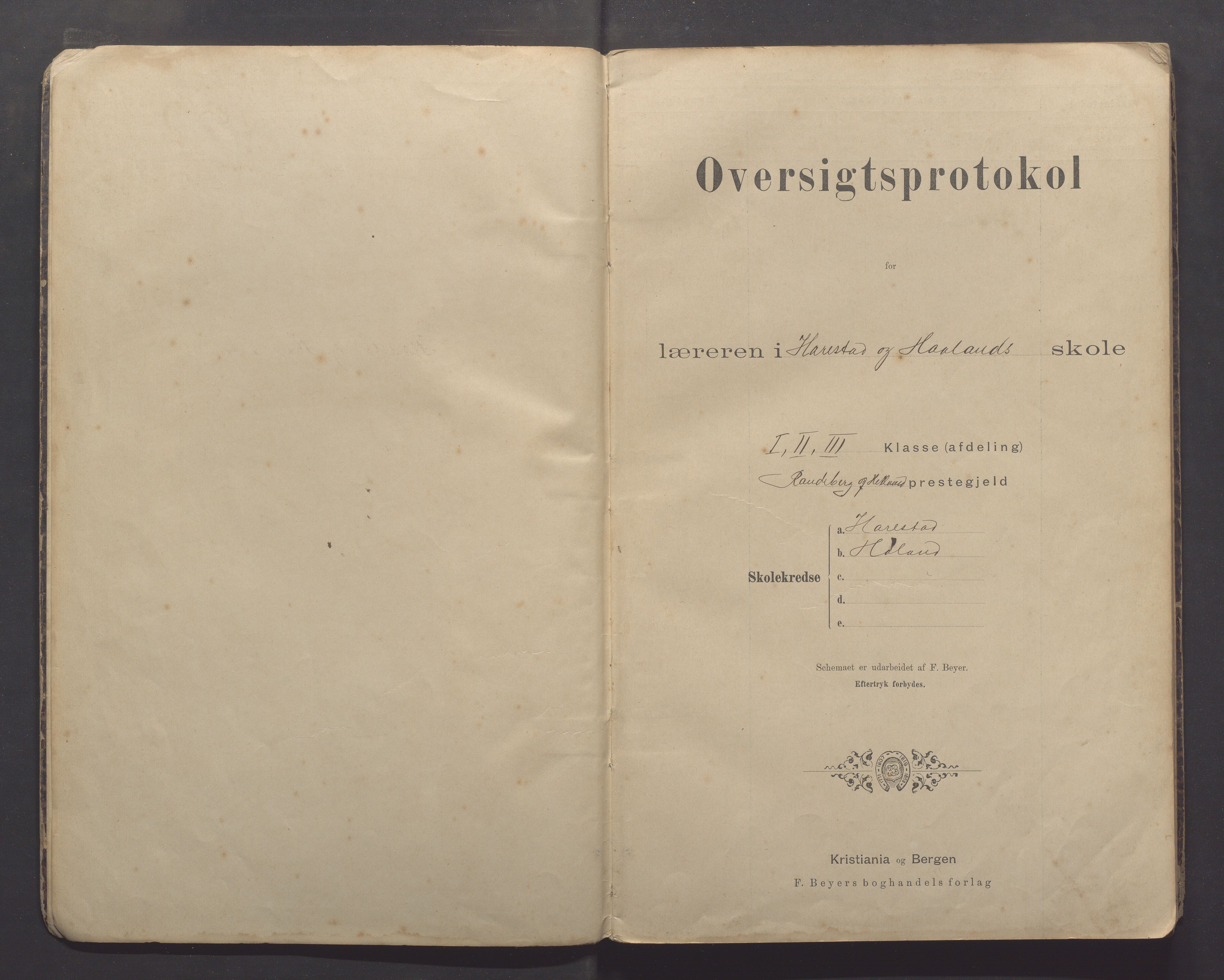 Randaberg kommune - Harestad skole, IKAR/K-101476/H/L0002: Skoleprotokoll - Harestad, Håland, 1892-1897