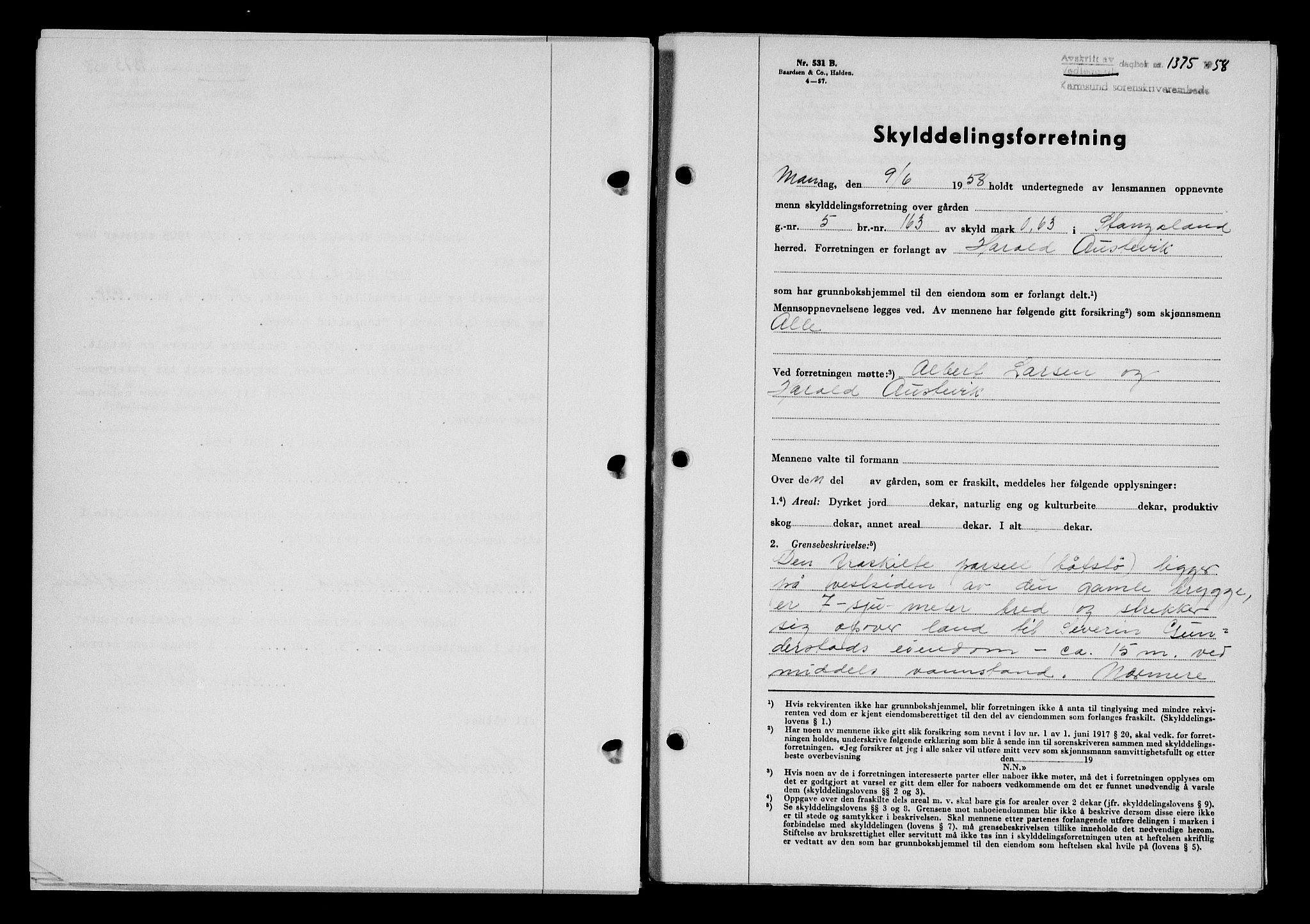 Karmsund sorenskriveri, SAST/A-100311/01/II/IIB/L0128: Pantebok nr. 108A, 1958-1958, Dagboknr: 1375/1958