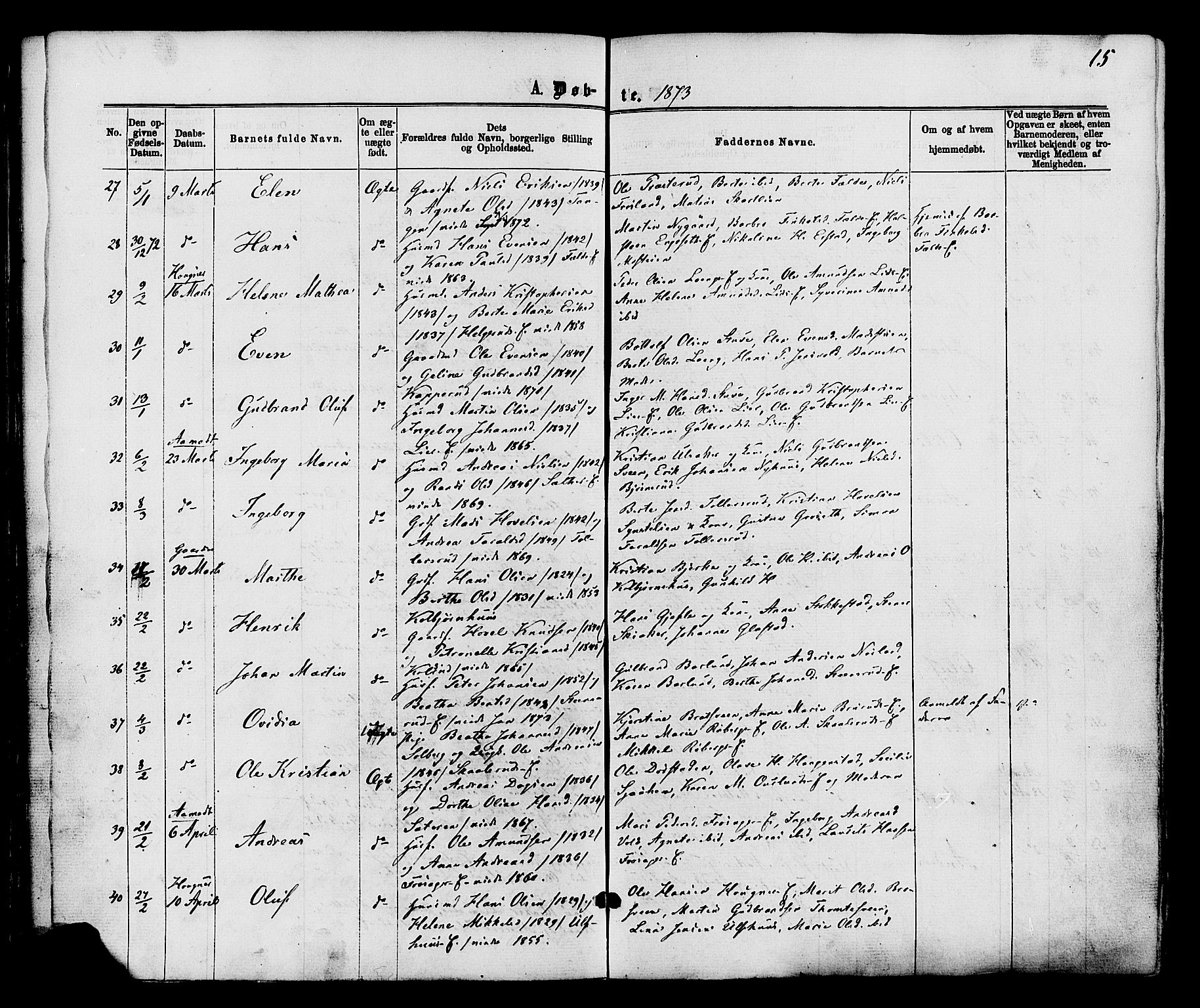 Nordre Land prestekontor, AV/SAH-PREST-124/H/Ha/Haa/L0002: Ministerialbok nr. 2, 1872-1881, s. 15