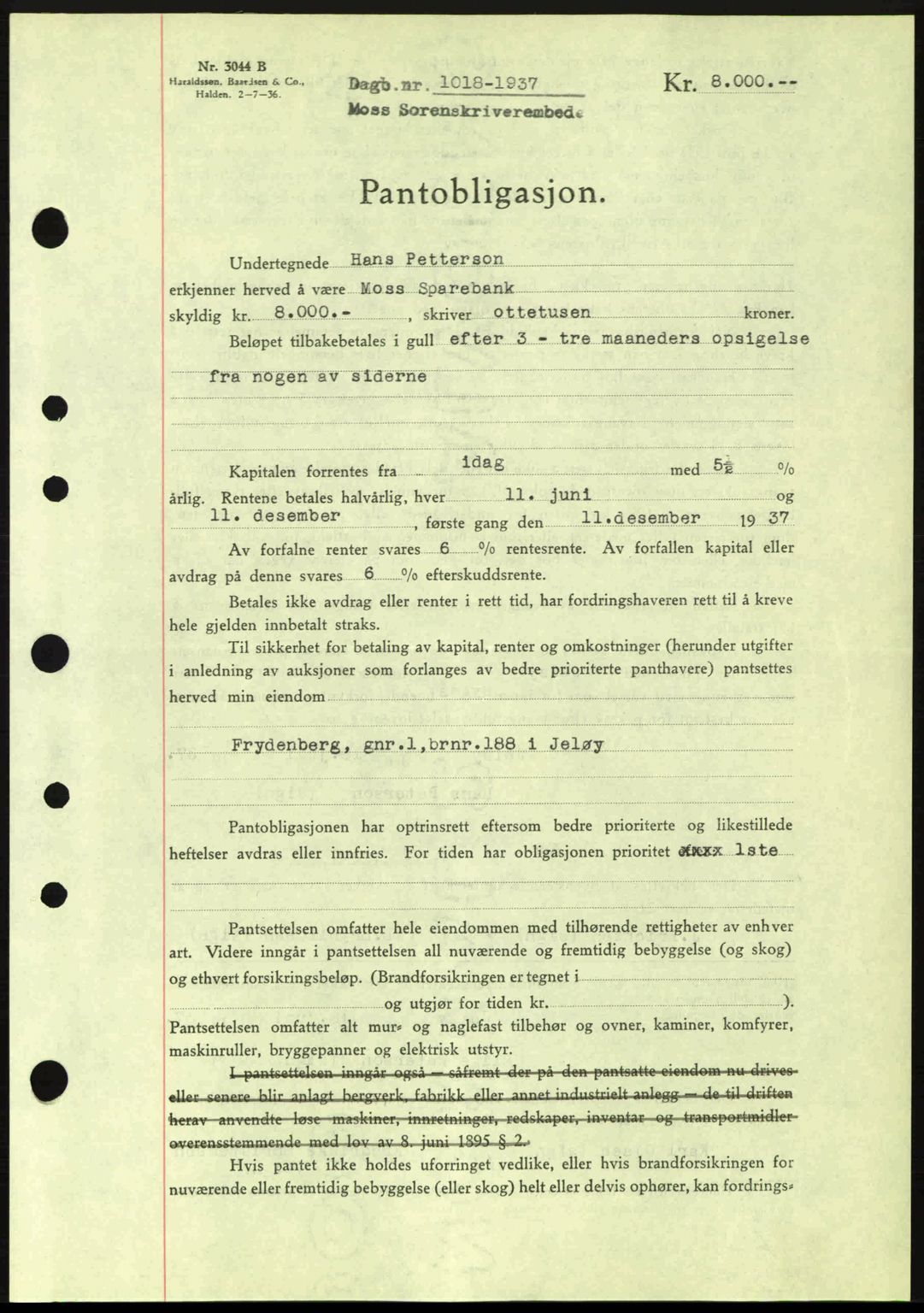 Moss sorenskriveri, SAO/A-10168: Pantebok nr. B3, 1937-1937, Dagboknr: 1018/1937