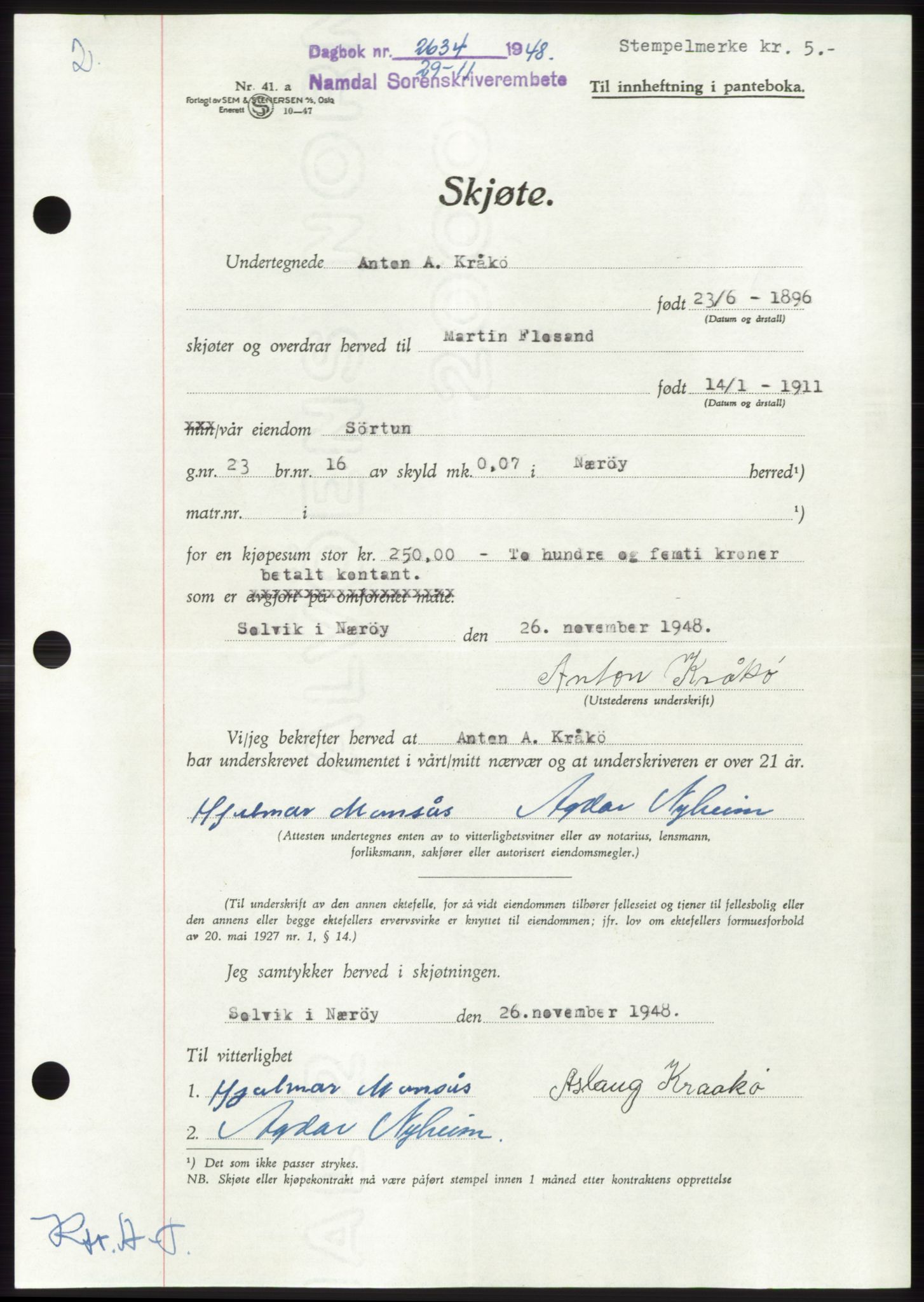 Namdal sorenskriveri, SAT/A-4133/1/2/2C: Pantebok nr. -, 1948-1948, Dagboknr: 2634/1948