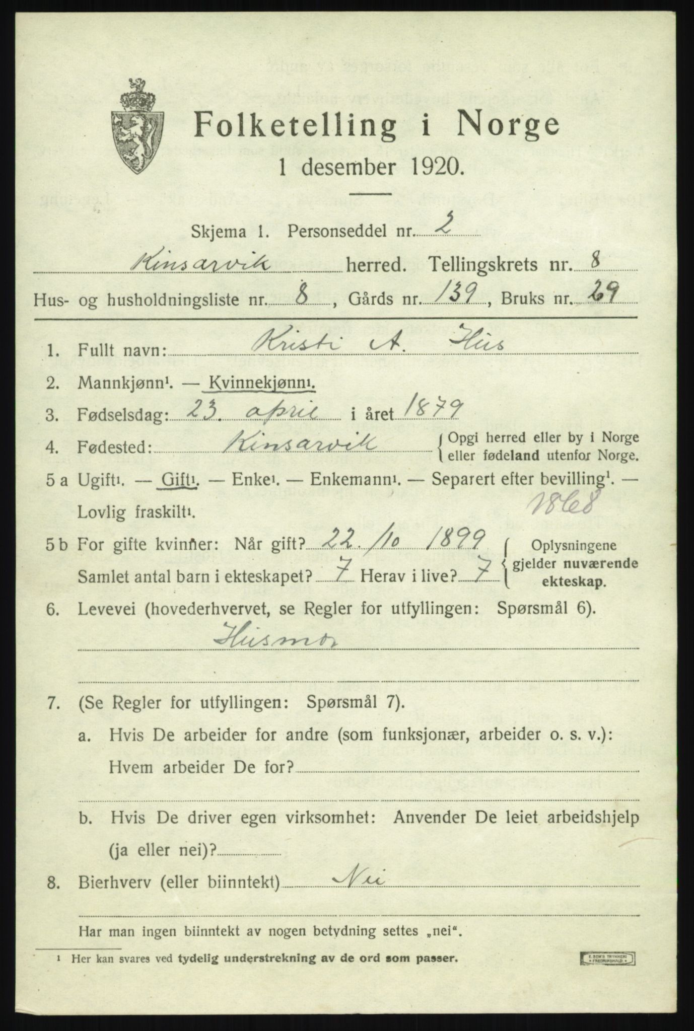 SAB, Folketelling 1920 for 1231 Kinsarvik herred, 1920, s. 3692