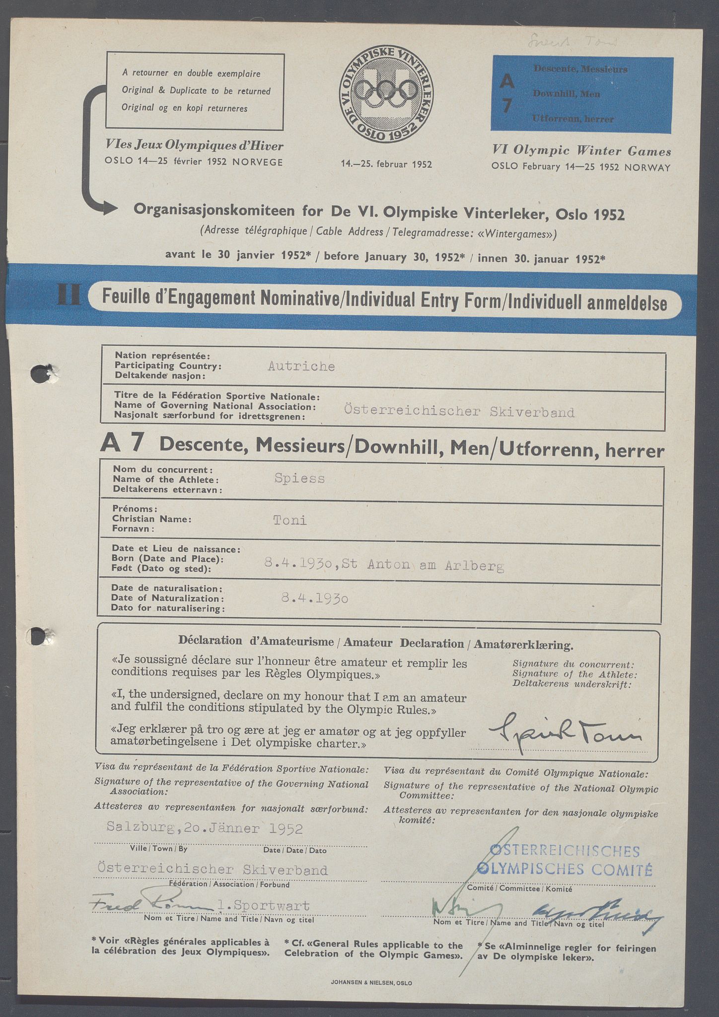 Organisasjonskomiteen for de VI. olympiske vinterleker, OBA/A-20130/H/Ha, 1951-1952, s. 531