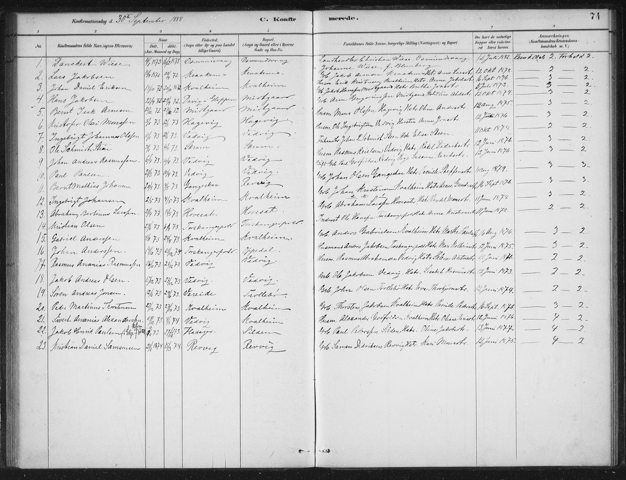 Selje sokneprestembete, AV/SAB-A-99938/H/Ha/Haa/Haac/L0001: Ministerialbok nr. C  1, 1881-1888, s. 74