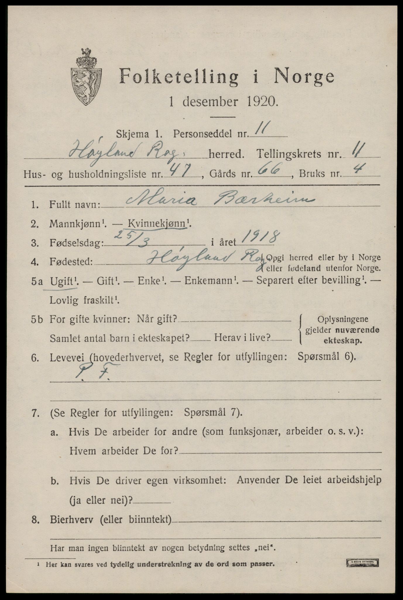 SAST, Folketelling 1920 for 1123 Høyland herred, 1920, s. 9310