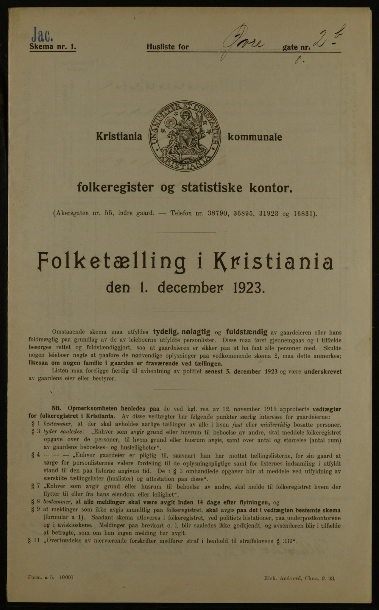 OBA, Kommunal folketelling 1.12.1923 for Kristiania, 1923, s. 143043