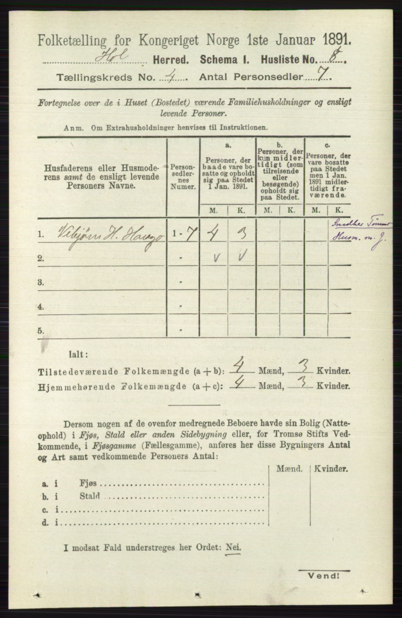 RA, Folketelling 1891 for 0620 Hol herred, 1891, s. 1233