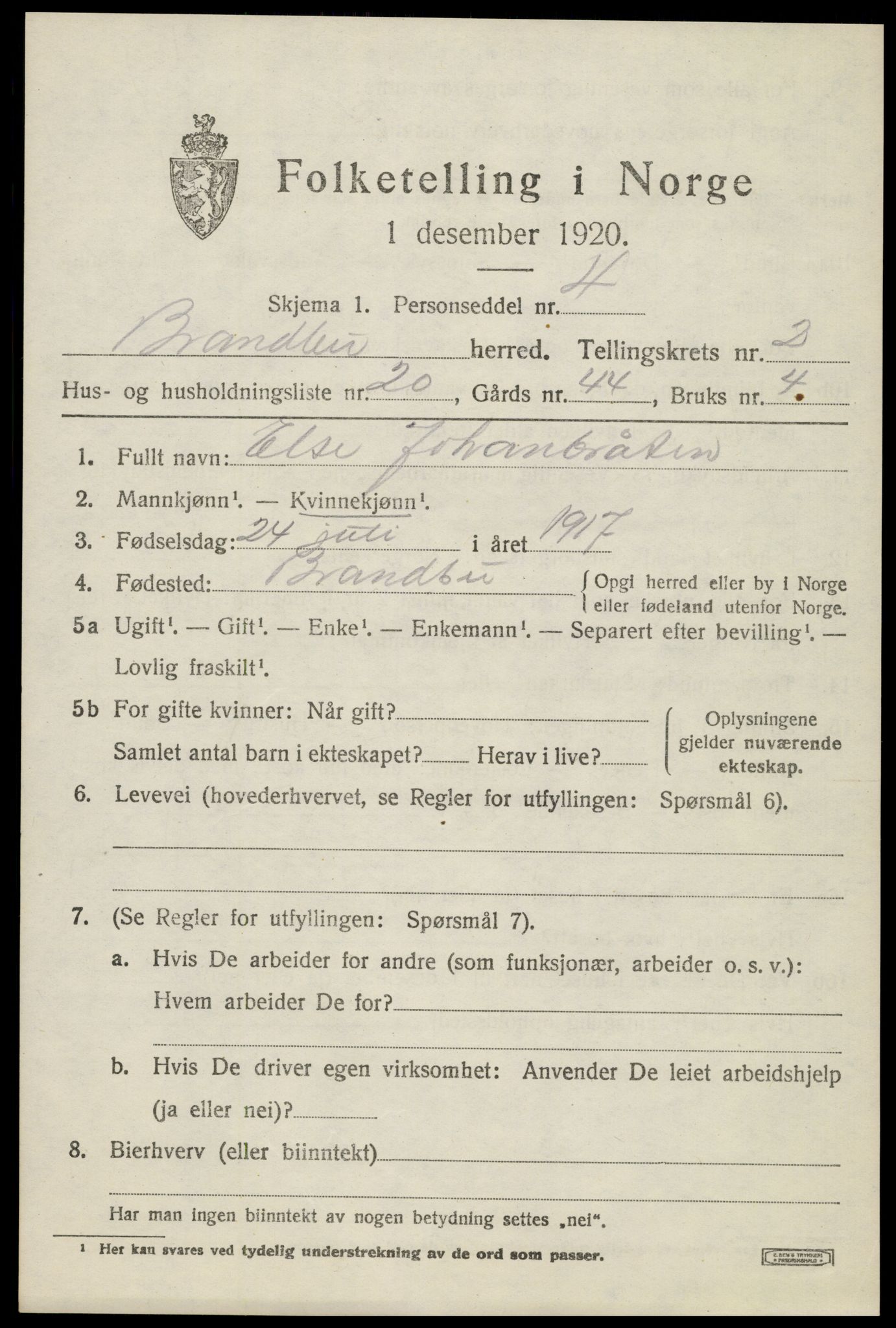 SAH, Folketelling 1920 for 0535 Brandbu herred, 1920, s. 3713