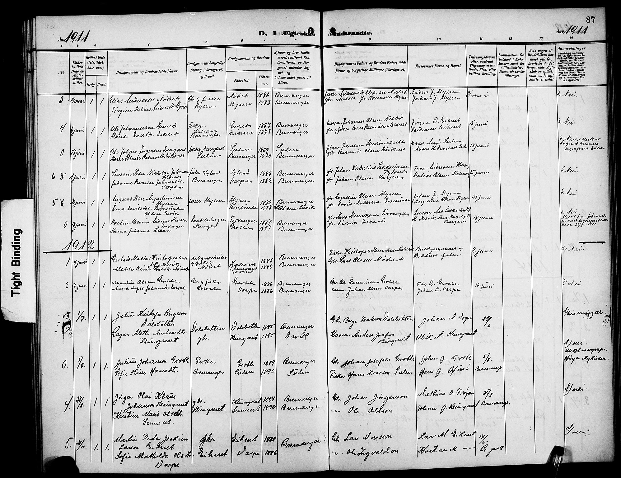 Bremanger sokneprestembete, AV/SAB-A-82201/H/Hab/Habc/L0001: Klokkerbok nr. C 1, 1908-1919, s. 87