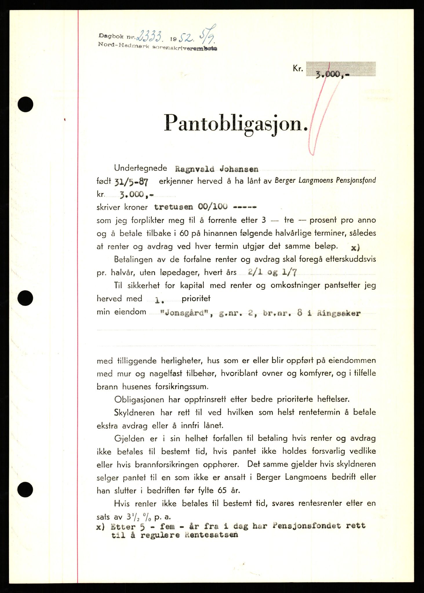 Nord-Hedmark sorenskriveri, SAH/TING-012/H/Hb/Hbf/L0025: Pantebok nr. B25, 1952-1952, Dagboknr: 2333/1952
