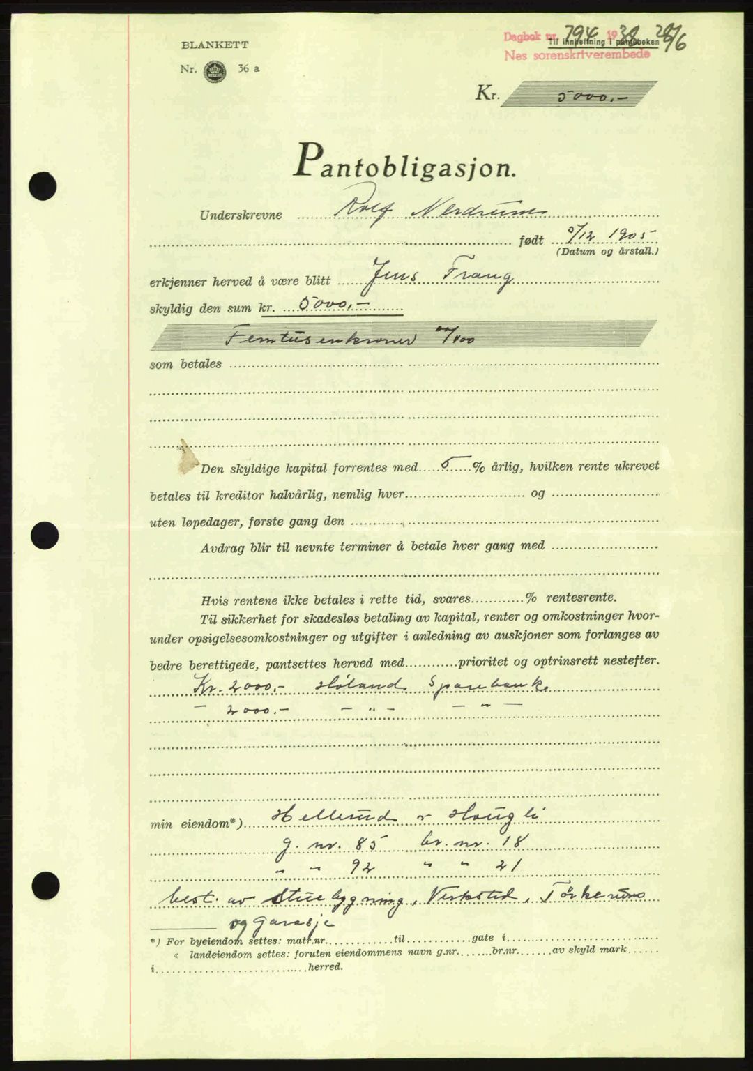 Nes tingrett, SAO/A-10548/G/Gb/Gbb/L0006: Pantebok nr. 50, 1938-1938, Dagboknr: 794/1938