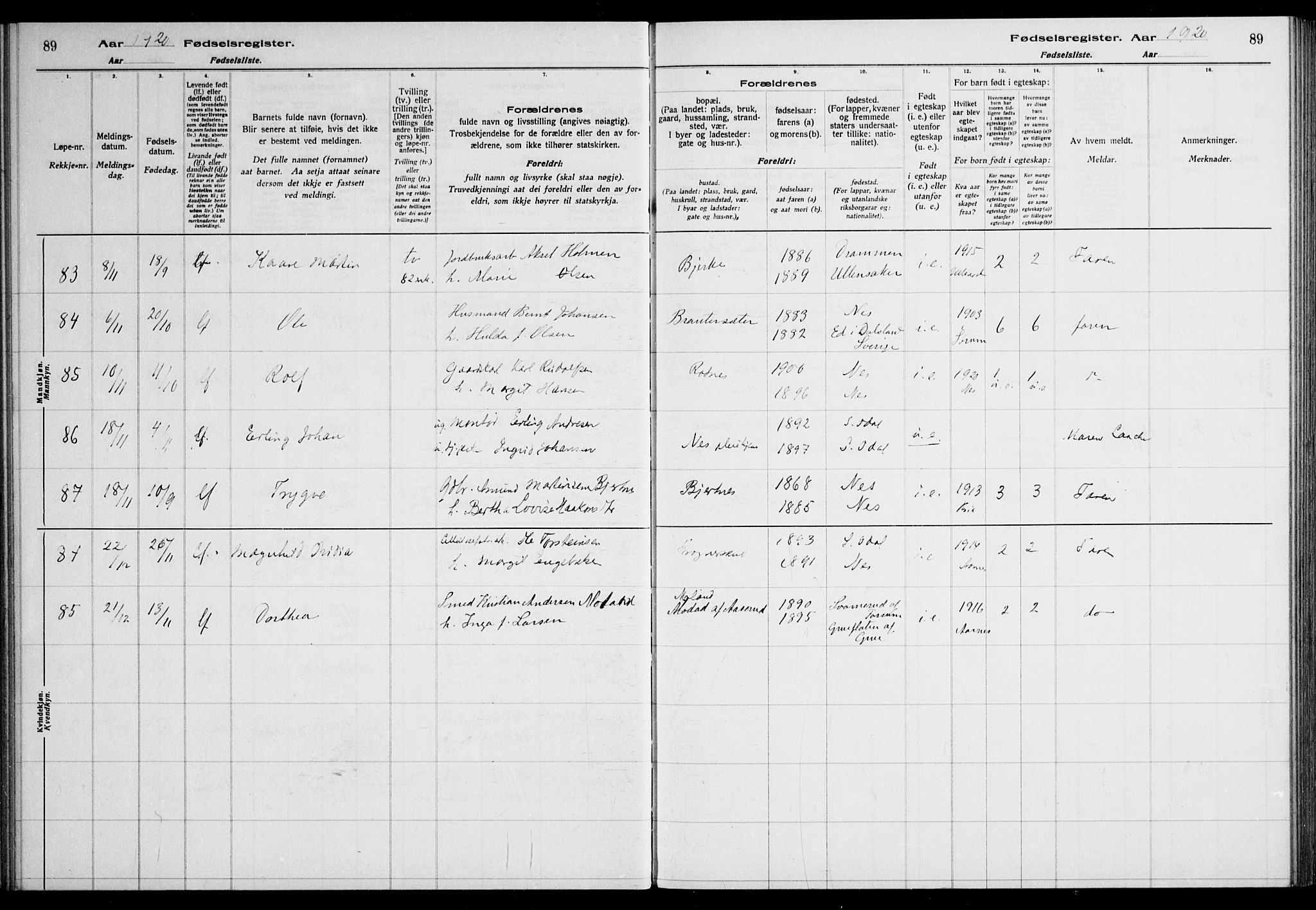 Nes prestekontor Kirkebøker, AV/SAO-A-10410/J/Ja/L0001: Fødselsregister nr. 1, 1916-1926, s. 89