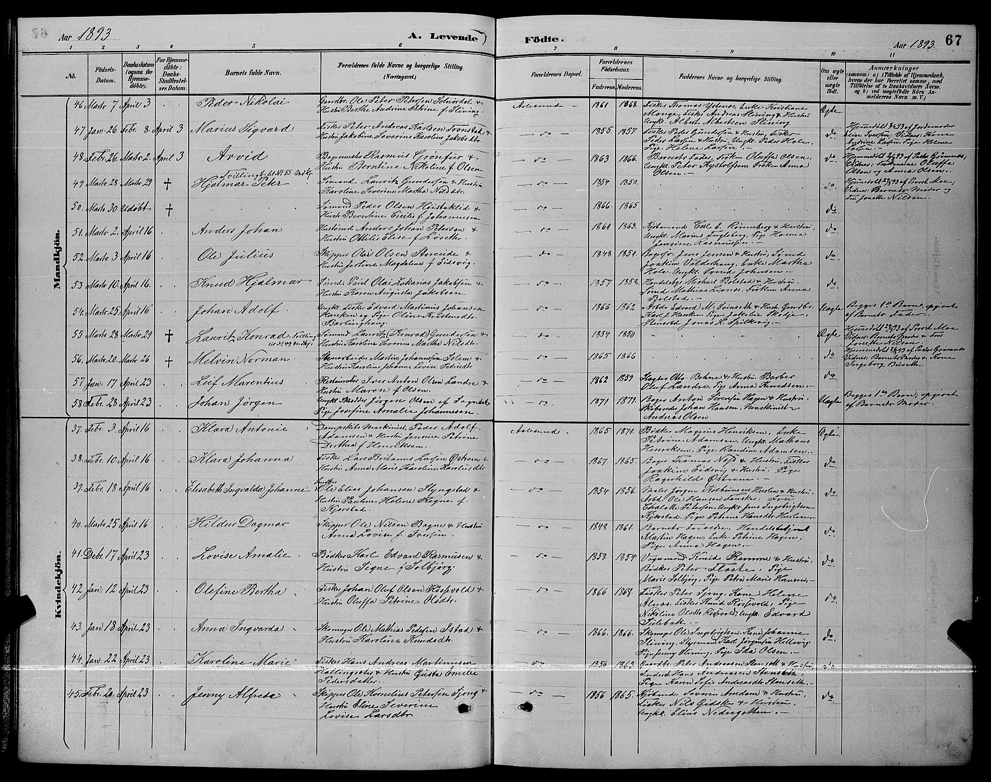 Ministerialprotokoller, klokkerbøker og fødselsregistre - Møre og Romsdal, SAT/A-1454/529/L0467: Klokkerbok nr. 529C04, 1889-1897, s. 67