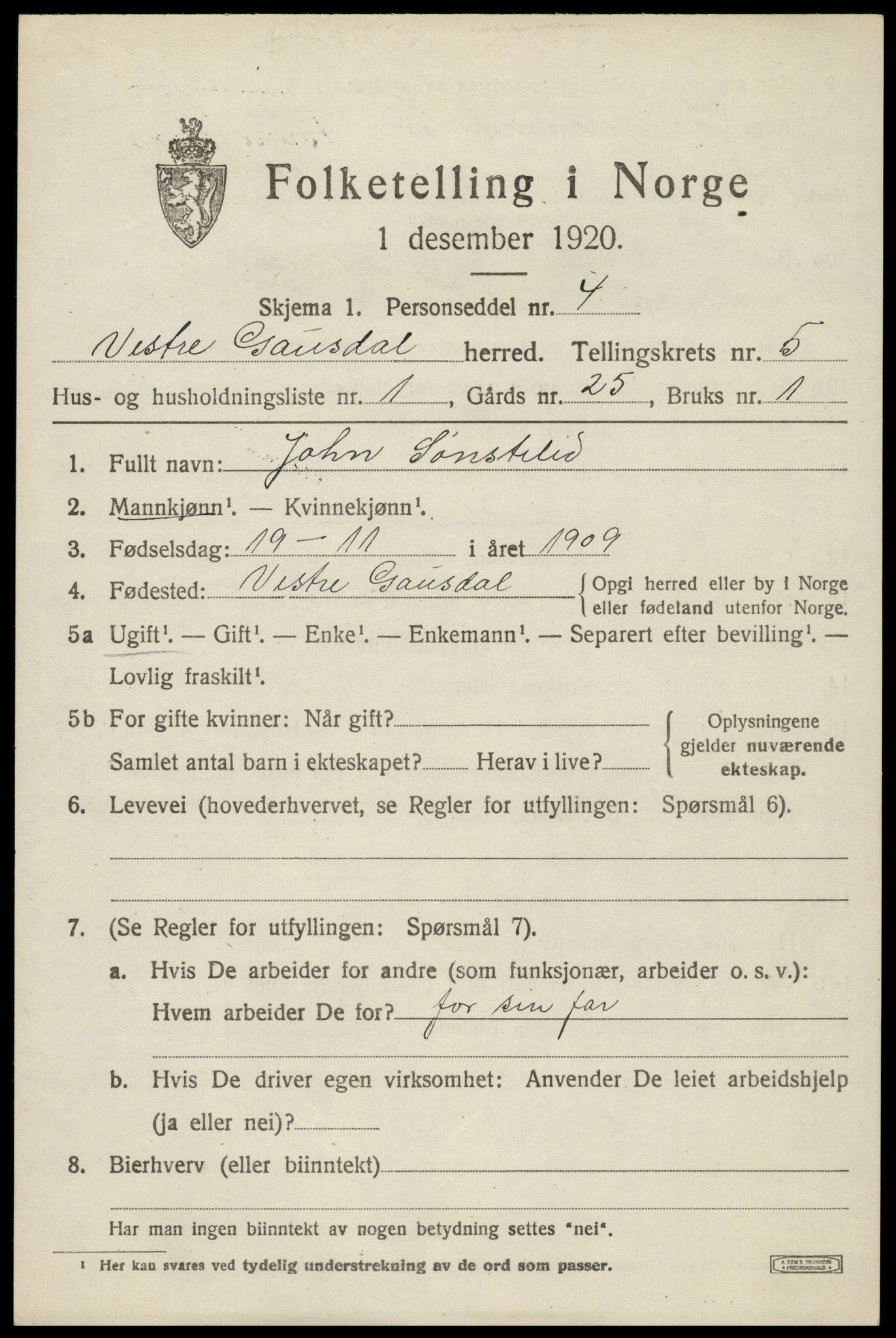 SAH, Folketelling 1920 for 0523 Vestre Gausdal herred, 1920, s. 3703