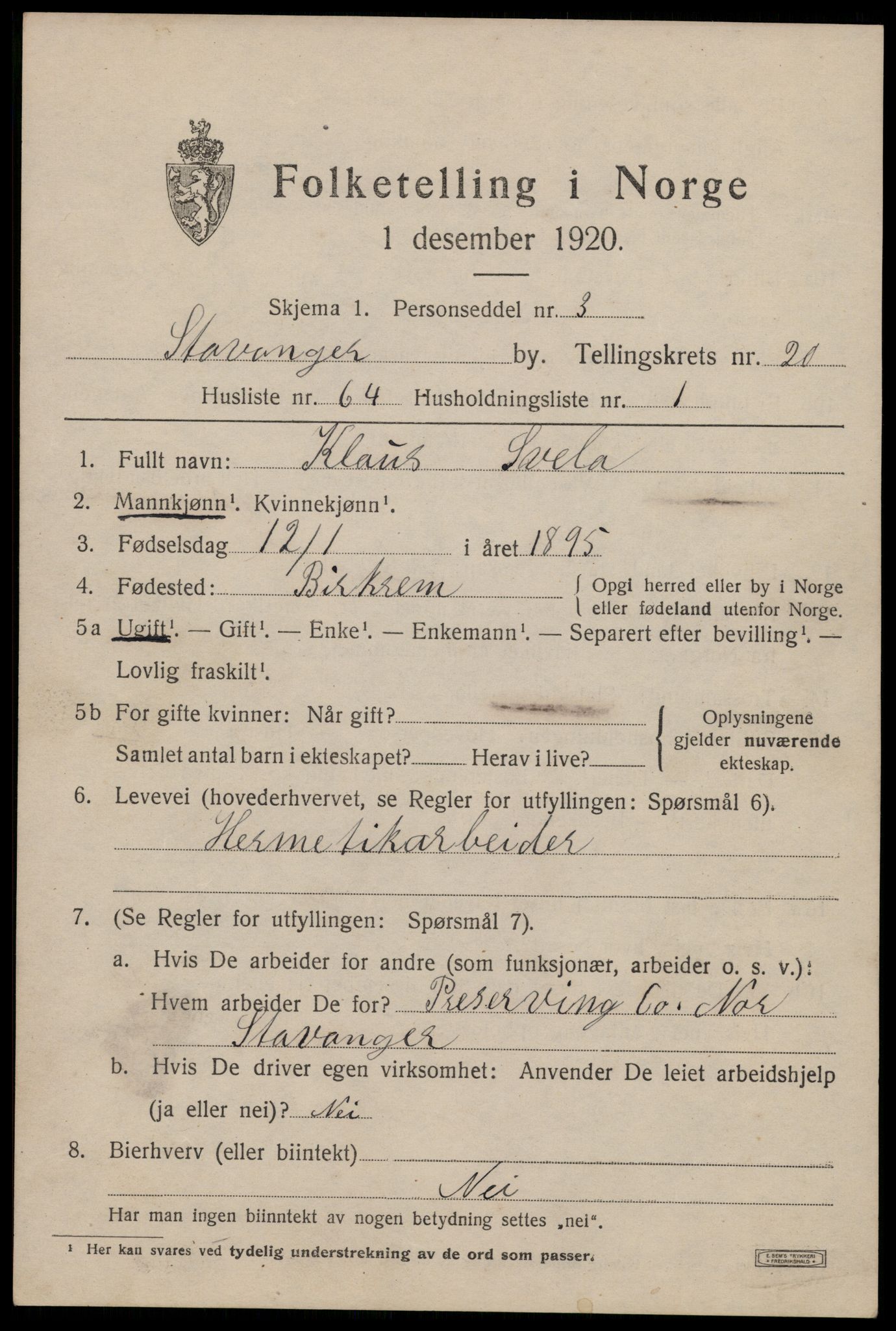 SAST, Folketelling 1920 for 1103 Stavanger kjøpstad, 1920, s. 70836
