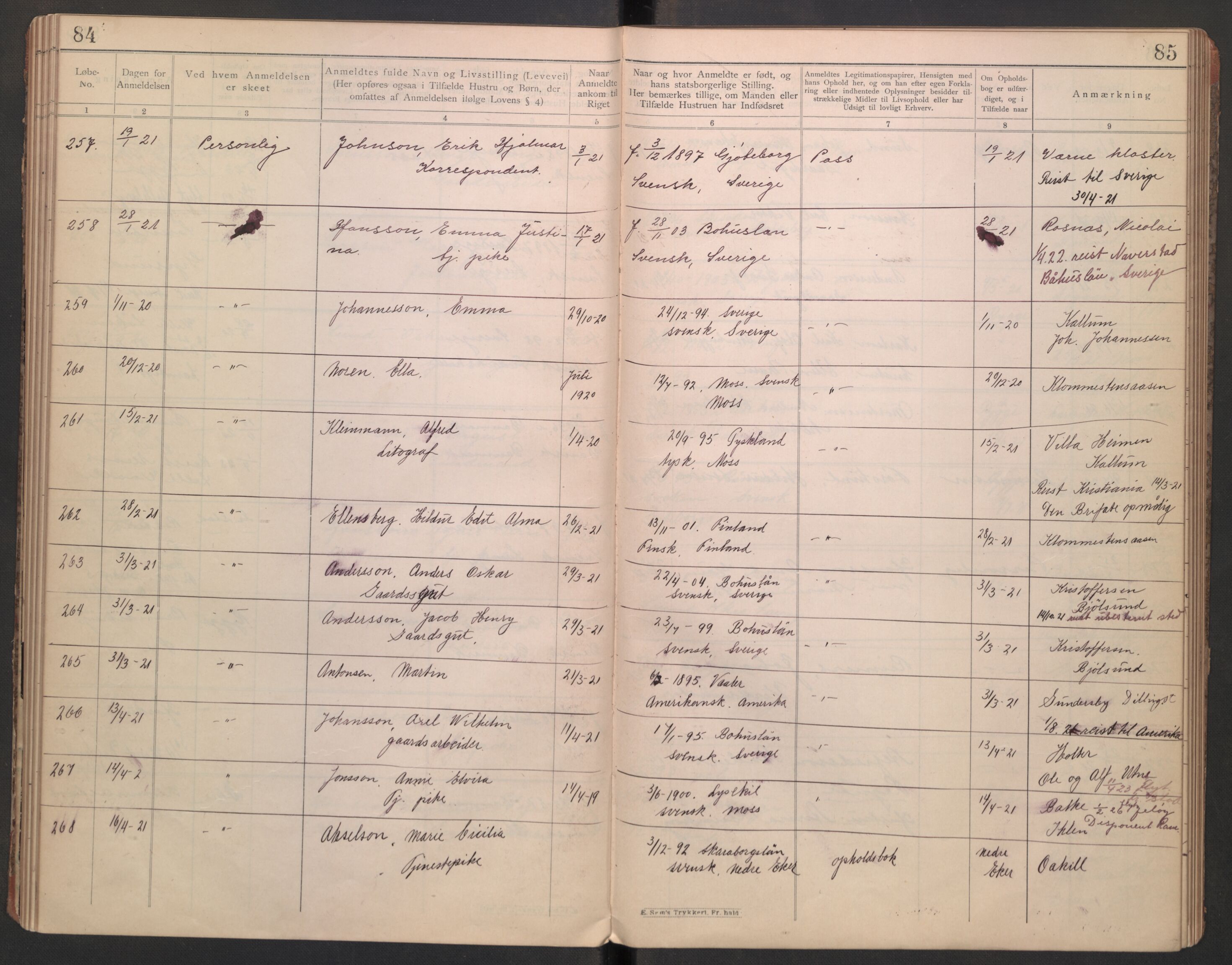 Rygge lensmannskontor, AV/SAO-A-10005/I/Ic/Ica/L0002: Protokoll over fremmede statsborgere, 1902-1928, s. 84-85