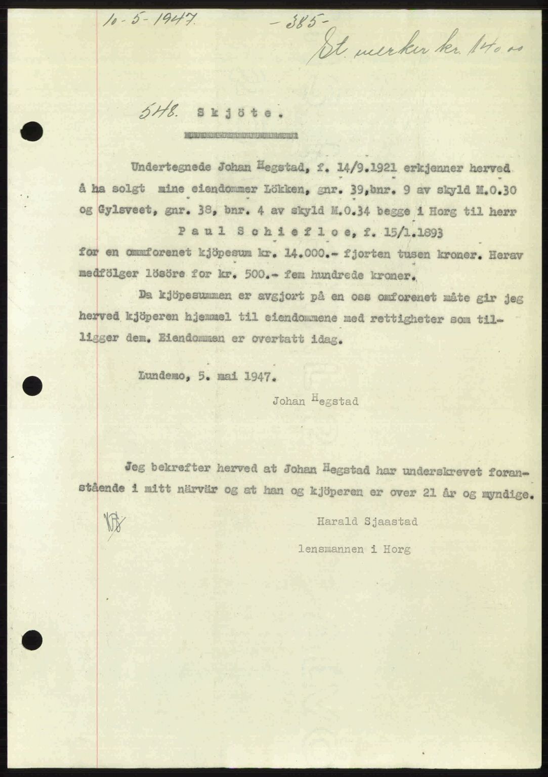 Gauldal sorenskriveri, SAT/A-0014/1/2/2C: Pantebok nr. A3, 1947-1947, Dagboknr: 548/1947