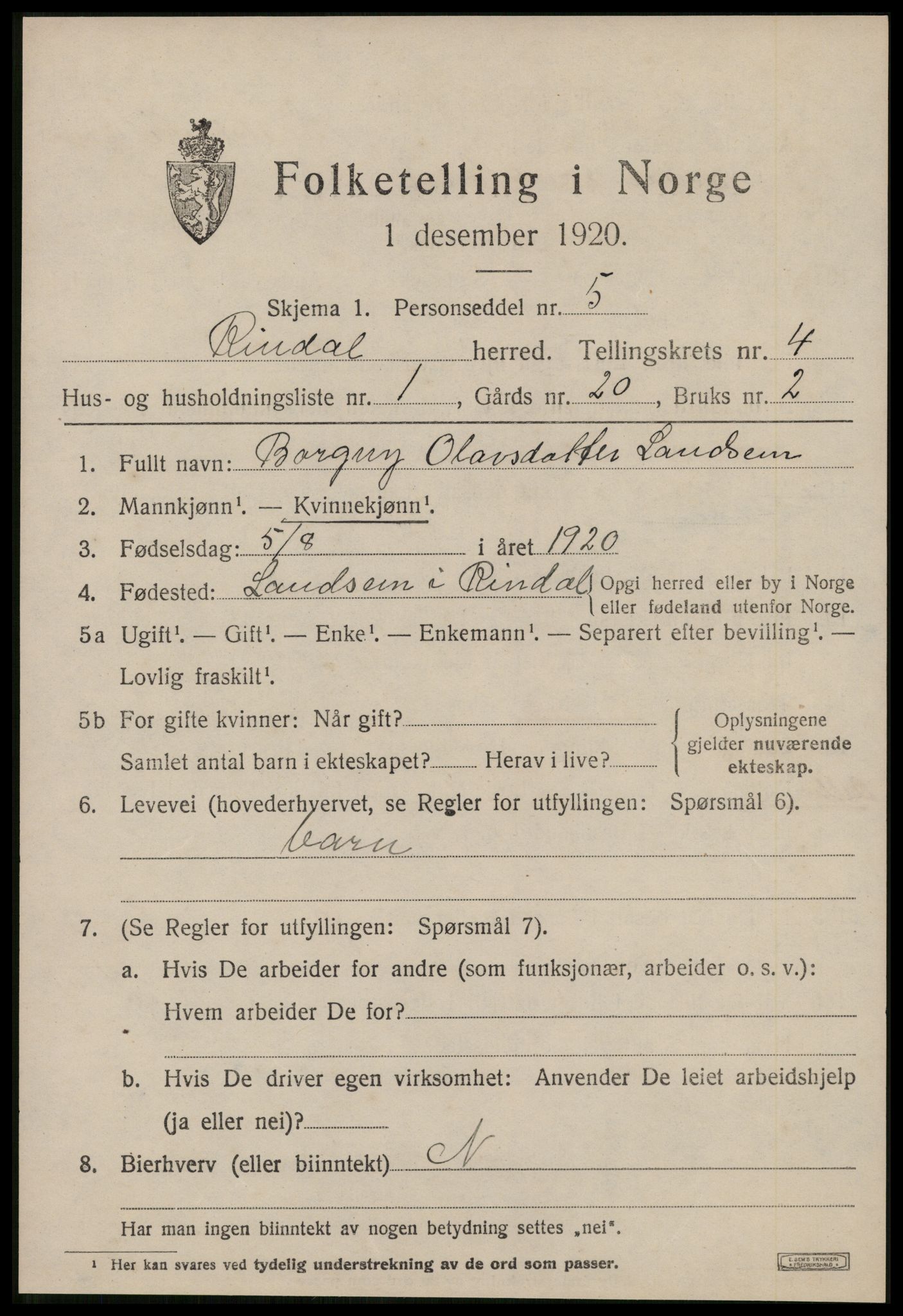 SAT, Folketelling 1920 for 1567 Rindal herred, 1920, s. 2318