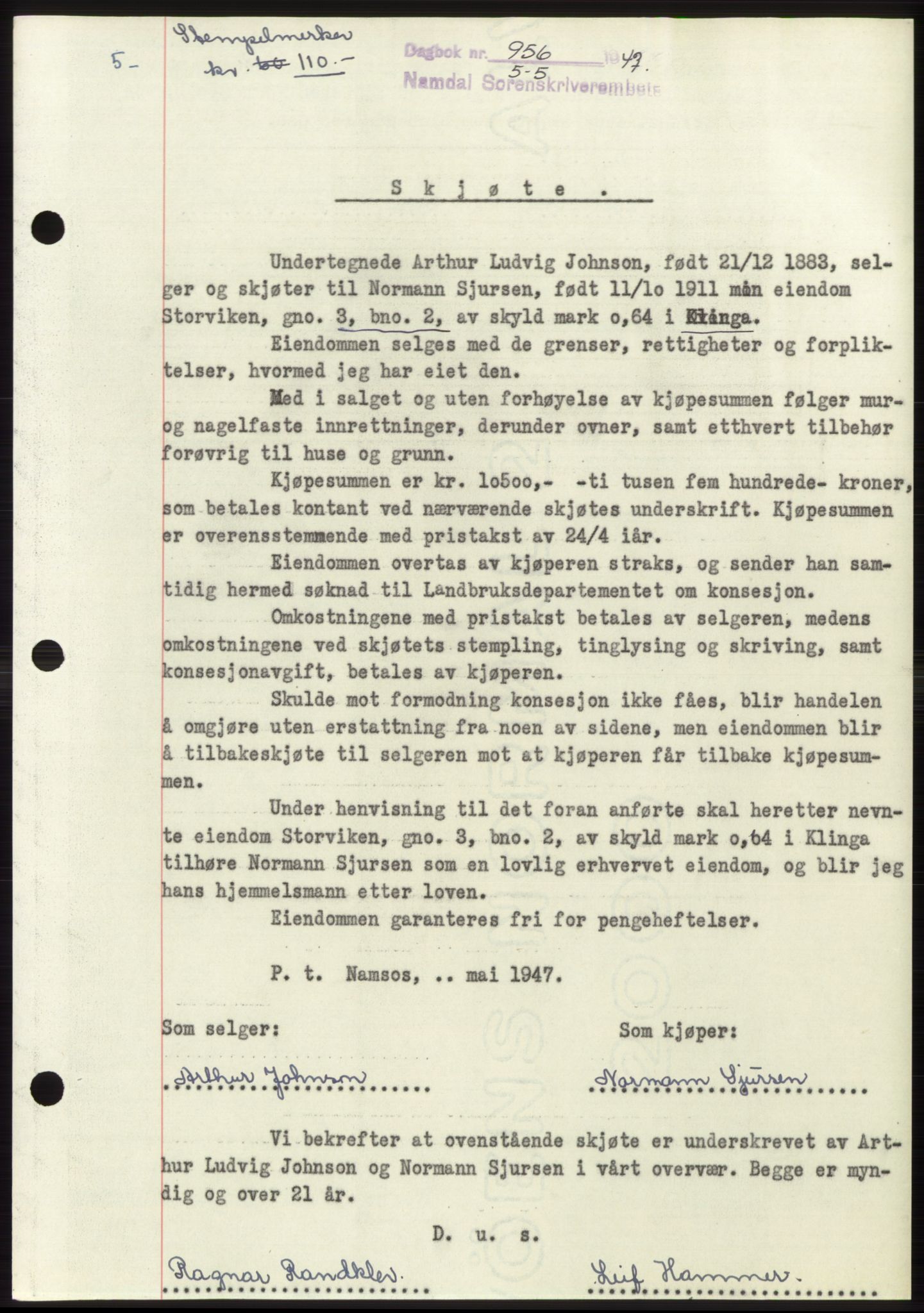 Namdal sorenskriveri, SAT/A-4133/1/2/2C: Pantebok nr. -, 1947-1947, Dagboknr: 956/1947