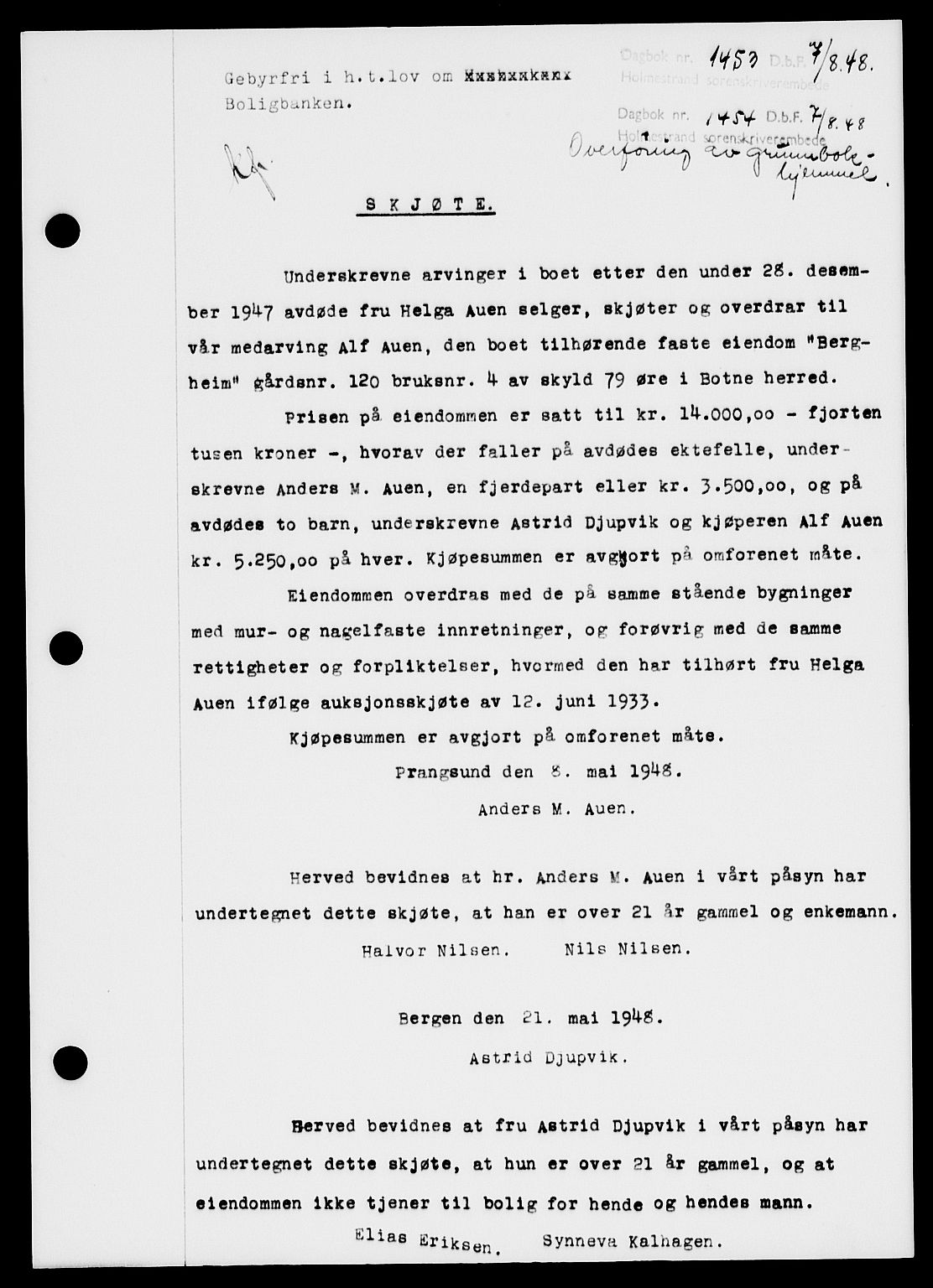 Holmestrand sorenskriveri, SAKO/A-67/G/Ga/Gaa/L0064: Pantebok nr. A-64, 1948-1948, Dagboknr: 1453/1948