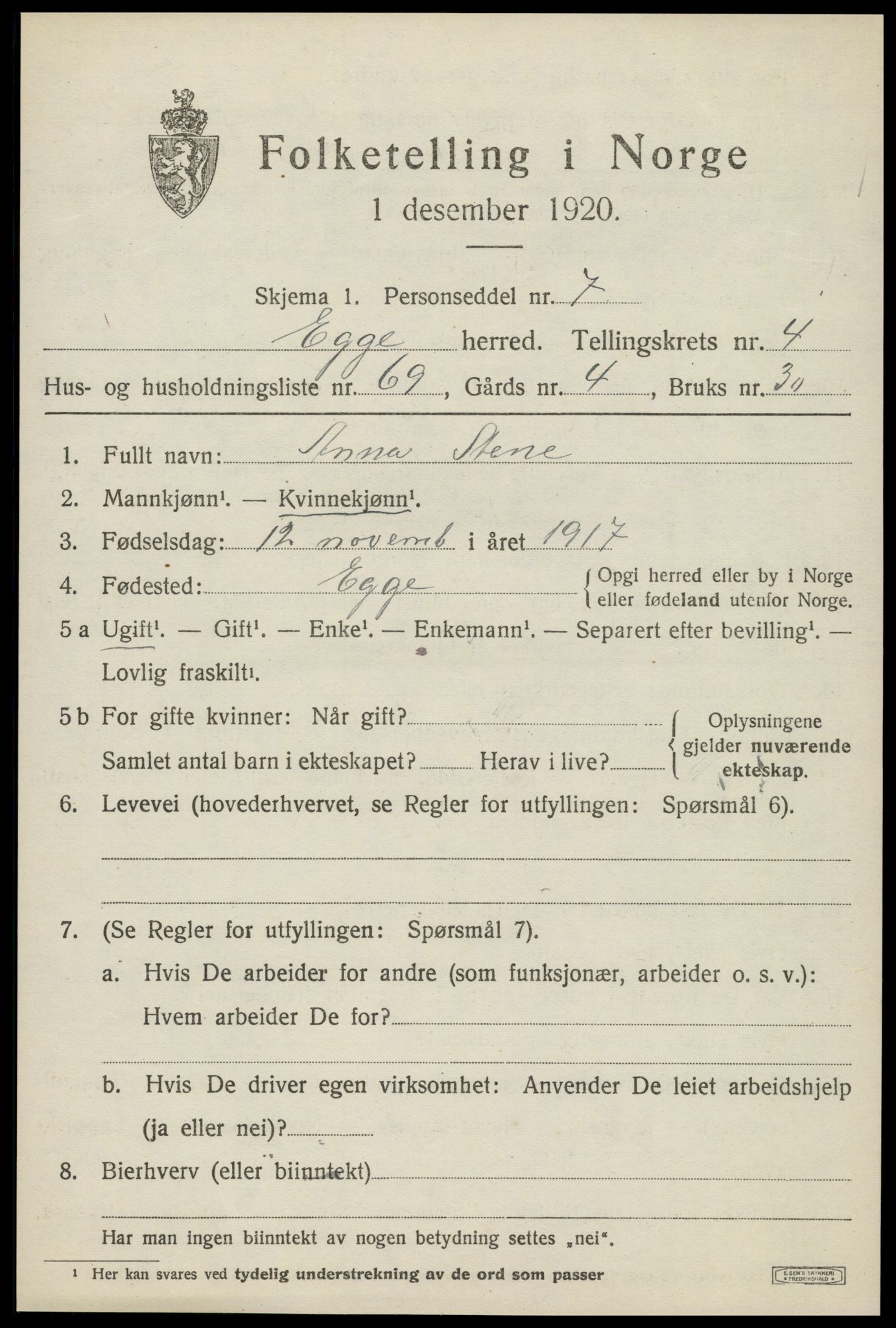 SAT, Folketelling 1920 for 1733 Egge herred, 1920, s. 3316