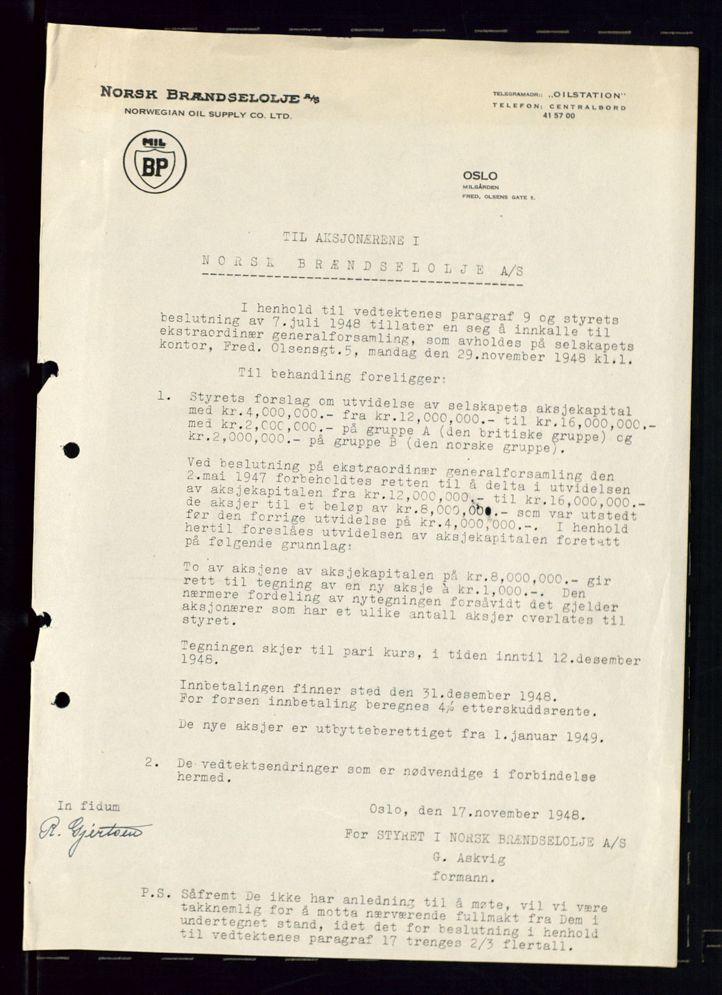 PA 1544 - Norsk Brændselolje A/S, AV/SAST-A-101965/1/A/Aa/L0005/0002: Generalforsamling  / Ekstraordinær generalforsamling 1948, 1948, s. 7