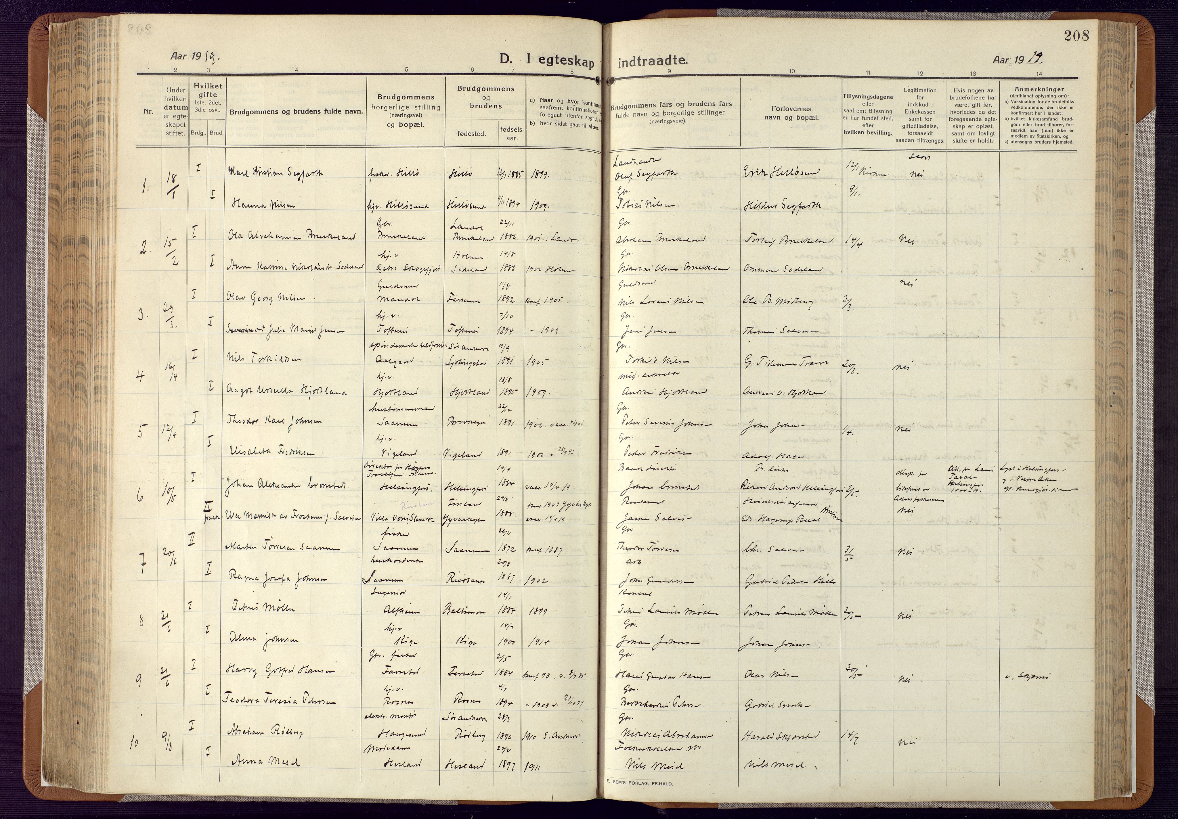 Mandal sokneprestkontor, SAK/1111-0030/F/Fa/Faa/L0022: Ministerialbok nr. A 22, 1913-1925, s. 208