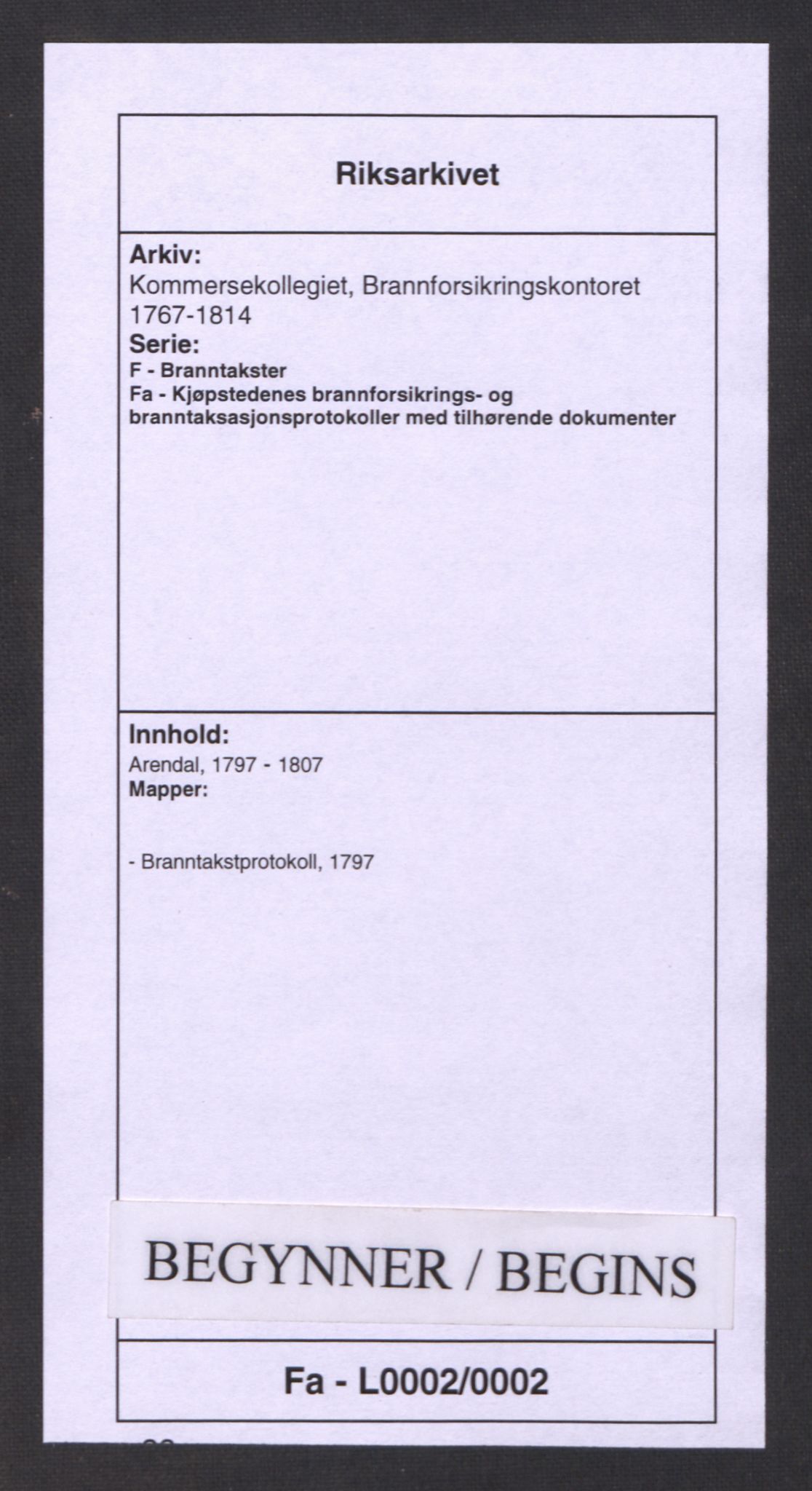 Kommersekollegiet, Brannforsikringskontoret 1767-1814, RA/EA-5458/F/Fa/L0002/0002: Arendal / Branntakstprotokoll, 1797