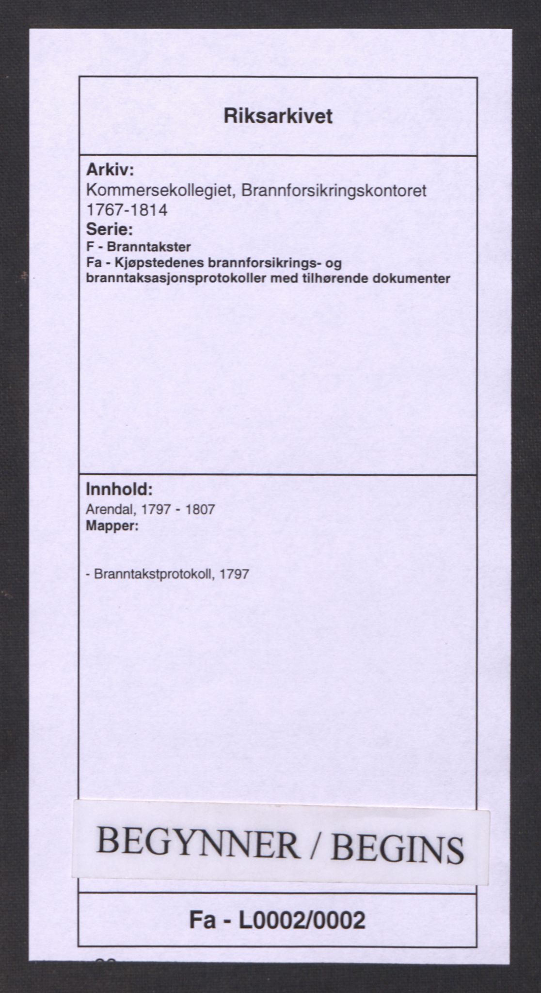 Kommersekollegiet, Brannforsikringskontoret 1767-1814, AV/RA-EA-5458/F/Fa/L0002/0002: Arendal / Branntakstprotokoll, 1797