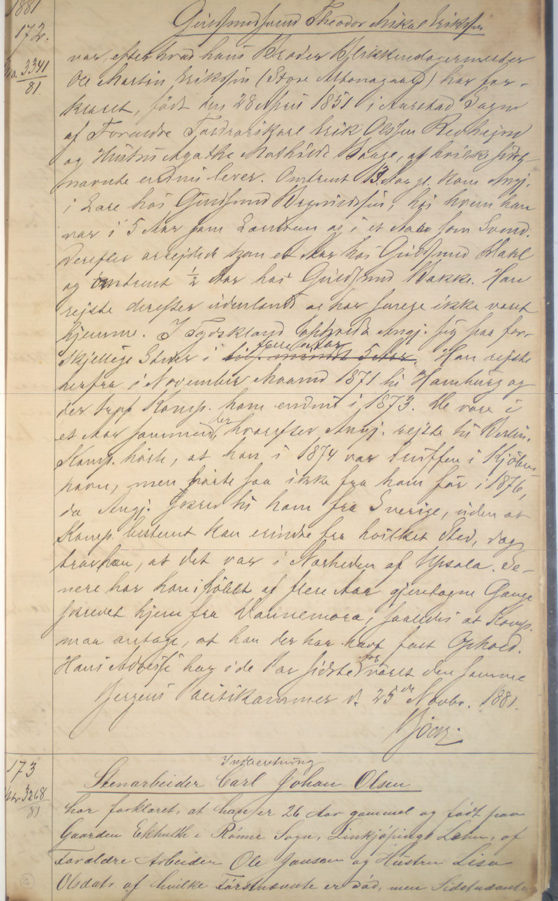 Bergen politikammer / politidistrikt, AV/SAB-A-60401/I/Ic, 1881-1884