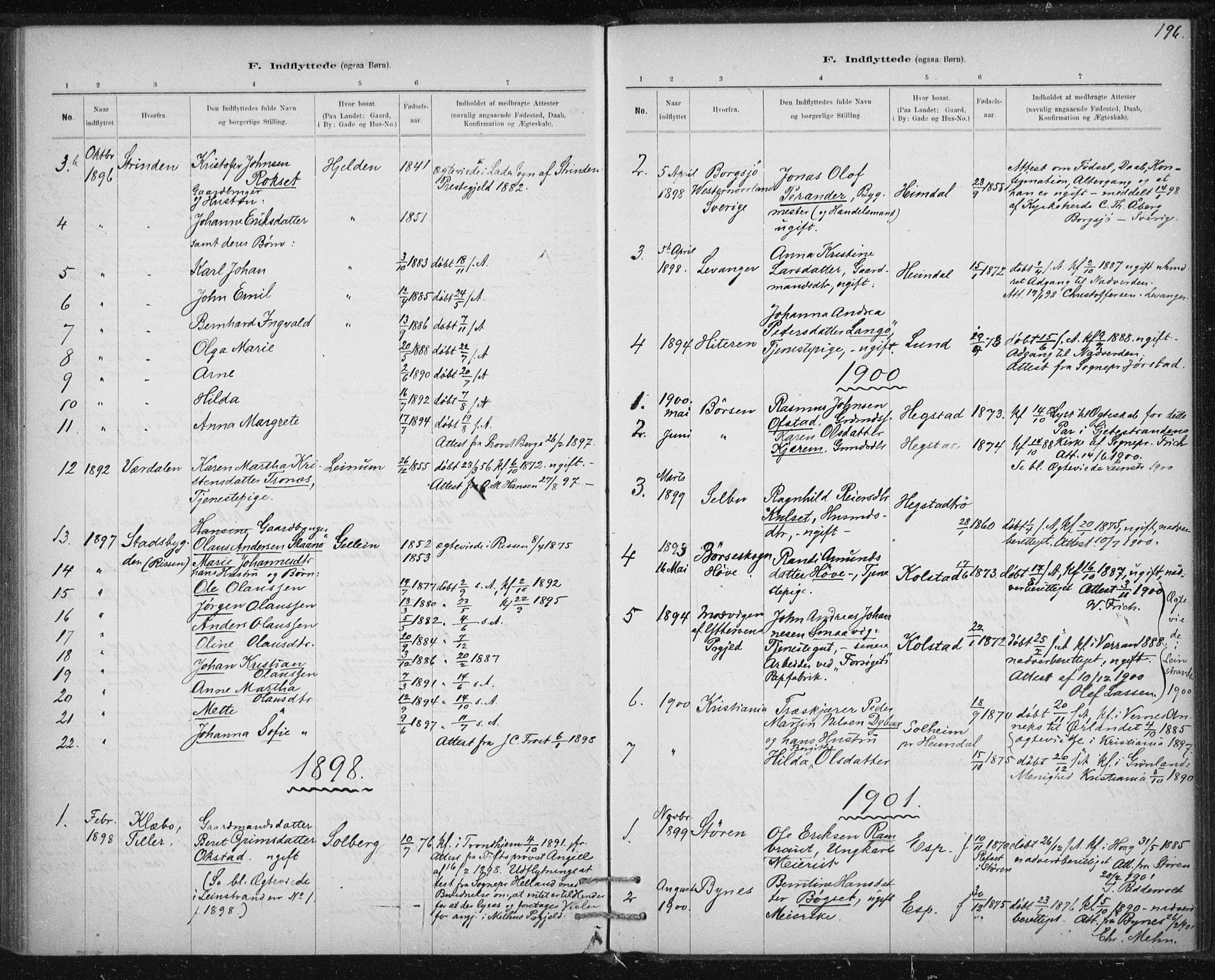 Ministerialprotokoller, klokkerbøker og fødselsregistre - Sør-Trøndelag, SAT/A-1456/613/L0392: Ministerialbok nr. 613A01, 1887-1906, s. 196
