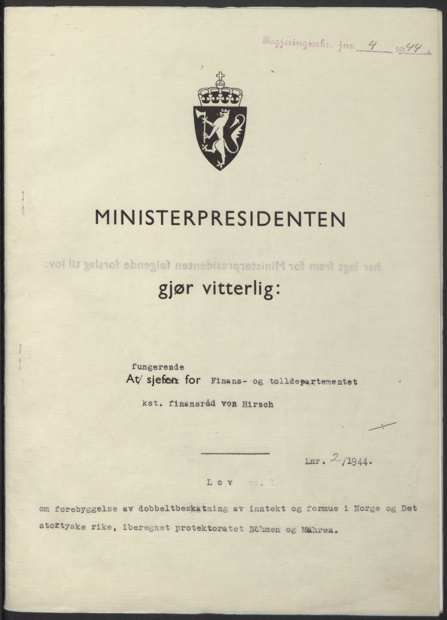 NS-administrasjonen 1940-1945 (Statsrådsekretariatet, de kommisariske statsråder mm), RA/S-4279/D/Db/L0100: Lover, 1944, s. 3