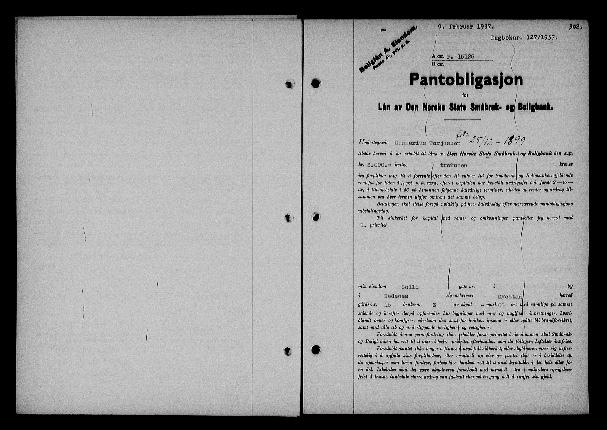 Nedenes sorenskriveri, SAK/1221-0006/G/Gb/Gba/L0043: Pantebok nr. 39, 1936-1937, Dagboknr: 127/1937