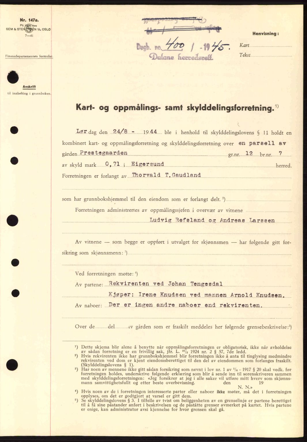 Dalane sorenskriveri, SAST/A-100309/02/G/Gb/L0047: Pantebok nr. A8 I, 1944-1945, Dagboknr: 400/1945