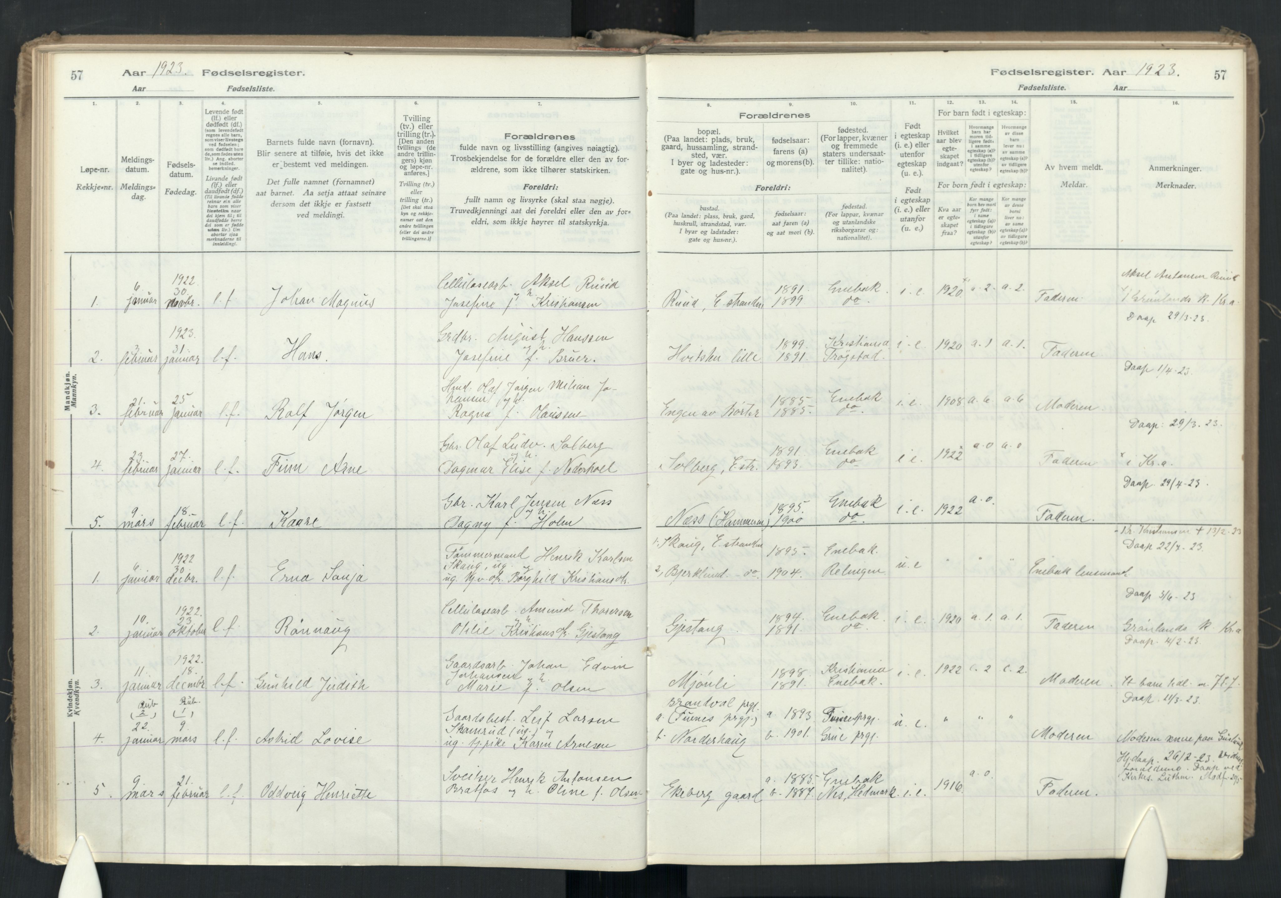 Enebakk prestekontor Kirkebøker, AV/SAO-A-10171c/J/Ja/L0001: Fødselsregister nr. I 1, 1916-1948, s. 57