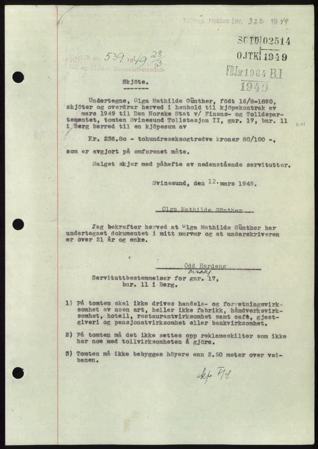 Idd og Marker sorenskriveri, AV/SAO-A-10283/G/Gb/Gbb/L0012: Pantebok nr. A12, 1949-1949, Dagboknr: 539/1949