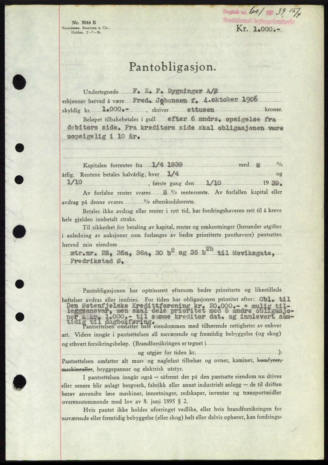 Fredrikstad byfogd, SAO/A-10473a/G/Ga/Gad/L0002: Pantebok nr. B2, 1938-1939, Dagboknr: 601/1939