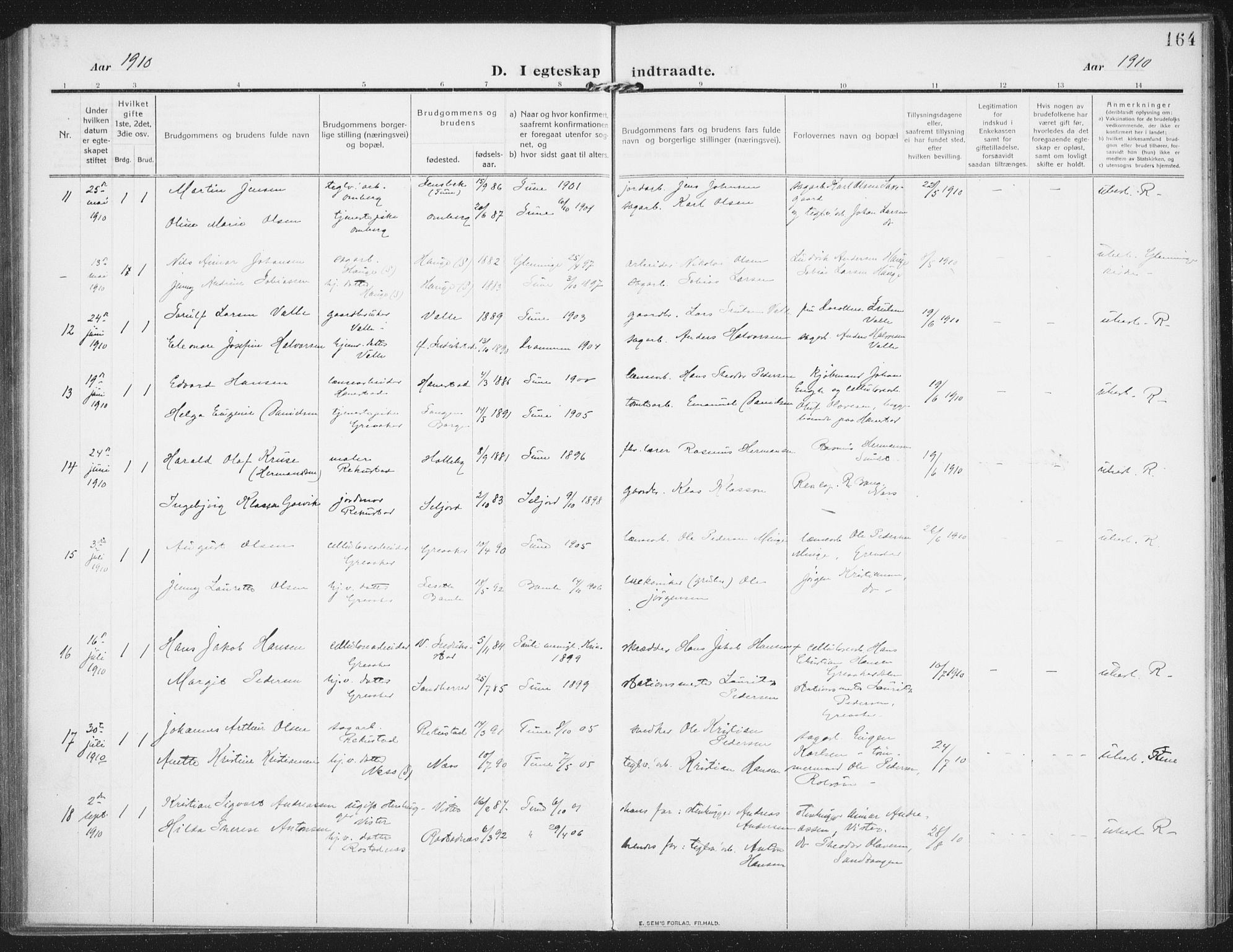 Rolvsøy prestekontor Kirkebøker, AV/SAO-A-2004/F/Fa/L0002: Ministerialbok nr. 2, 1909-1917, s. 164