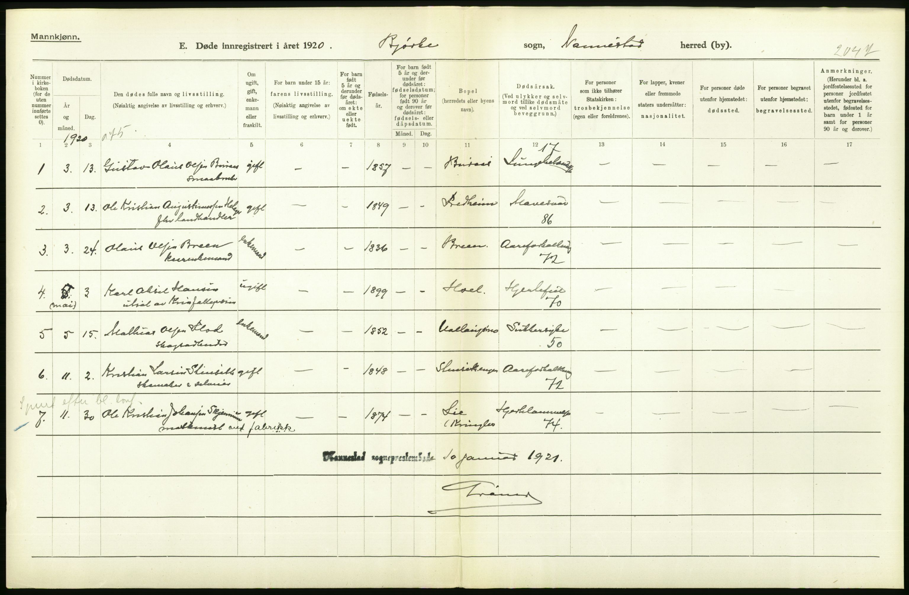 Statistisk sentralbyrå, Sosiodemografiske emner, Befolkning, AV/RA-S-2228/D/Df/Dfb/Dfbj/L0007: Akershus fylke: Døde. Bygder og byer., 1920, s. 236
