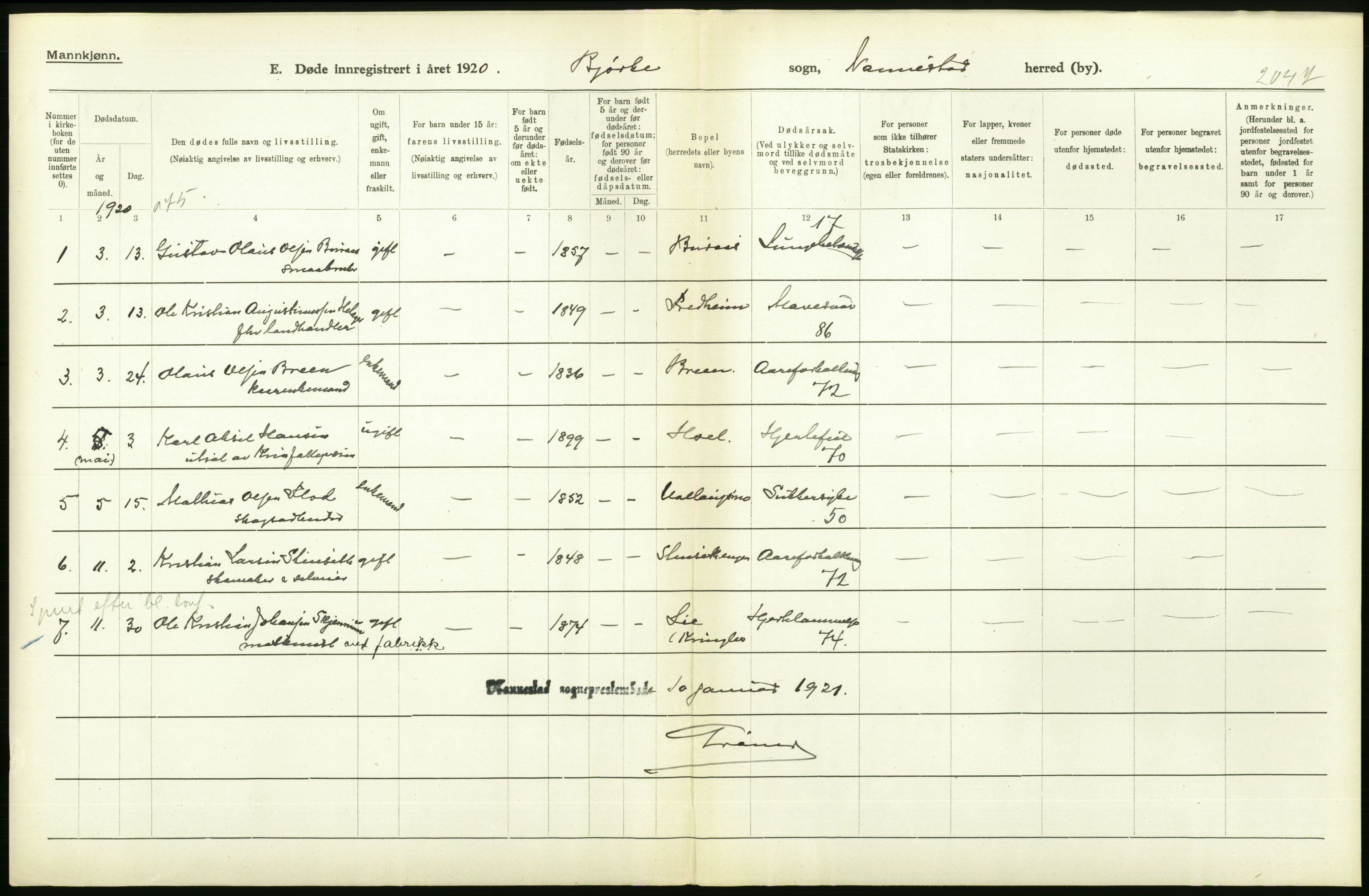 Statistisk sentralbyrå, Sosiodemografiske emner, Befolkning, RA/S-2228/D/Df/Dfb/Dfbj/L0007: Akershus fylke: Døde. Bygder og byer., 1920, s. 236