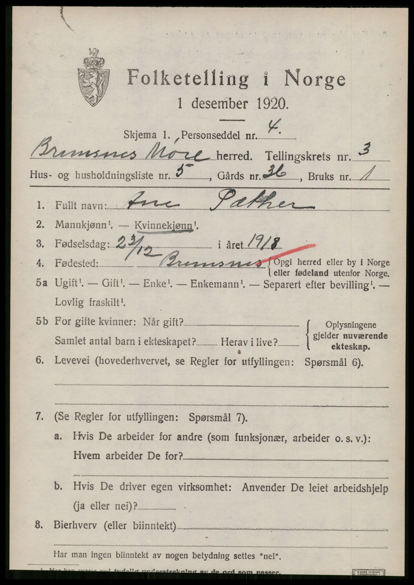 SAT, Folketelling 1920 for 1554 Bremsnes herred, 1920, s. 3469
