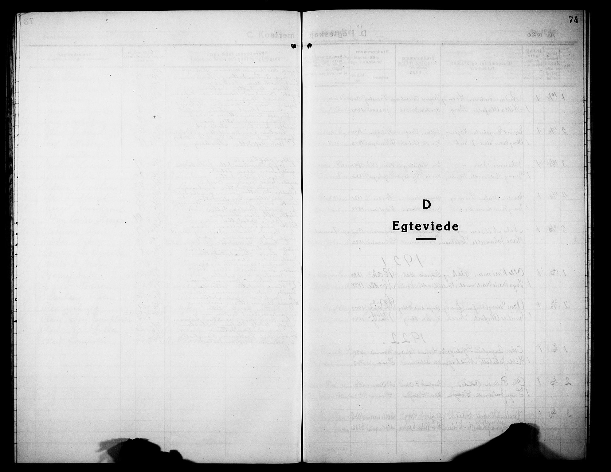 Elverum prestekontor, SAH/PREST-044/H/Ha/Hab/L0013: Klokkerbok nr. 13, 1919-1933, s. 74