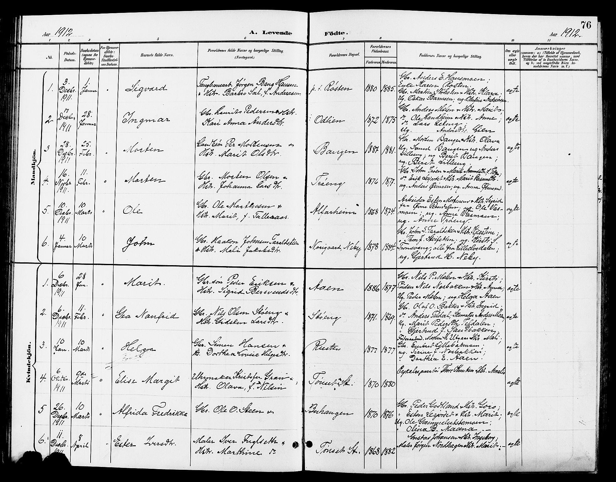 Tynset prestekontor, AV/SAH-PREST-058/H/Ha/Hab/L0009: Klokkerbok nr. 9, 1900-1914, s. 76