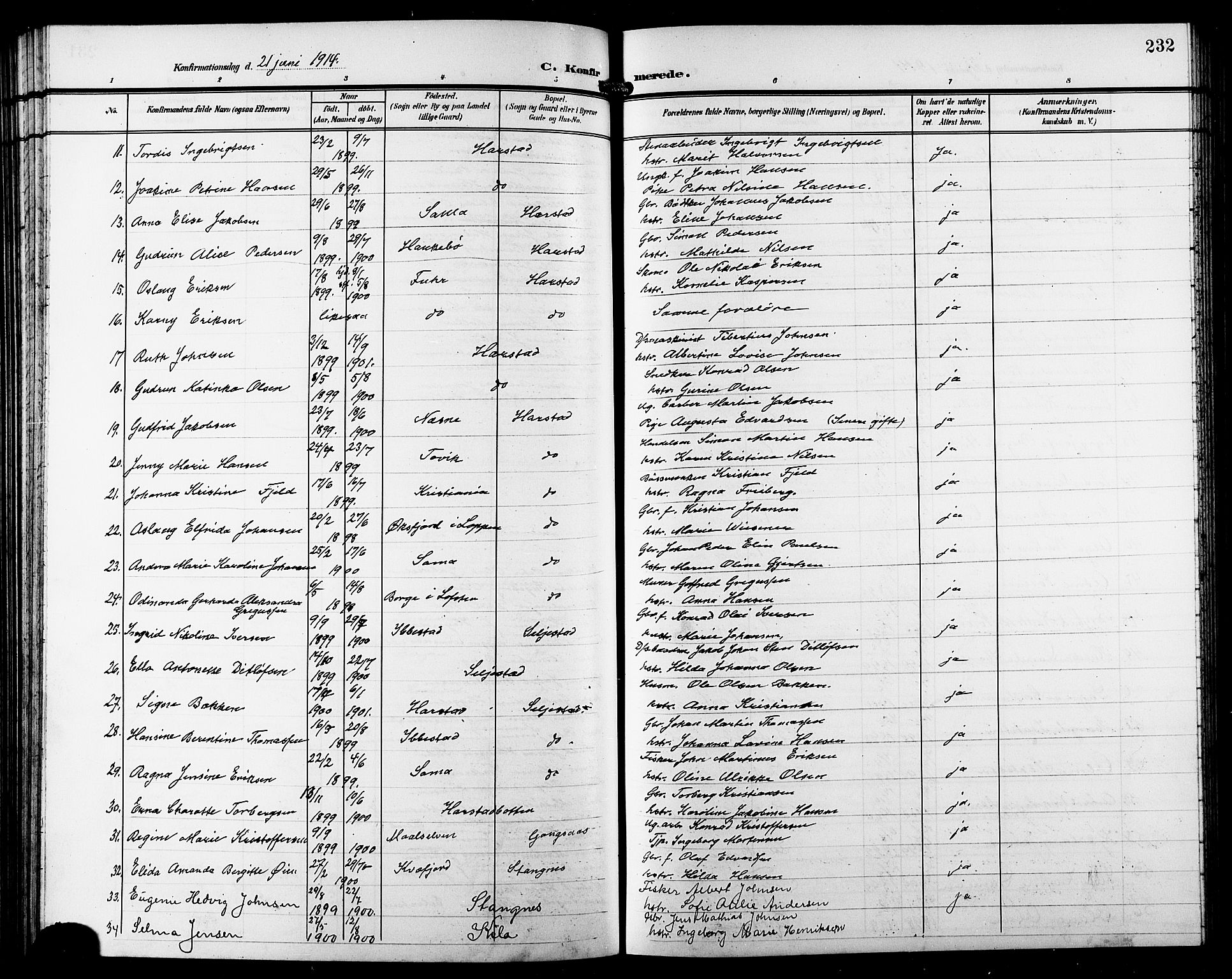 Trondenes sokneprestkontor, AV/SATØ-S-1319/H/Hb/L0012klokker: Klokkerbok nr. 12, 1907-1916, s. 232
