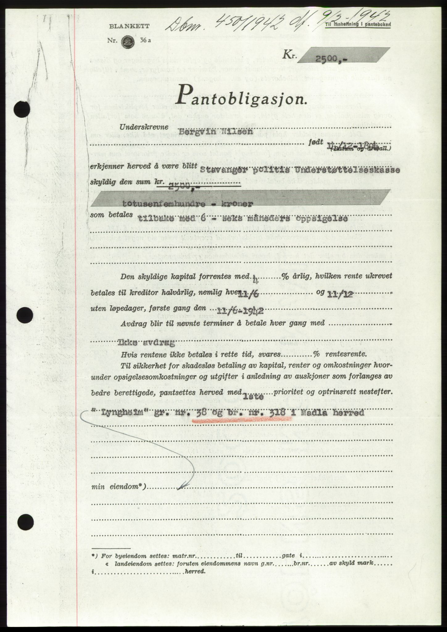 Jæren sorenskriveri, SAST/A-100310/03/G/Gba/L0082: Pantebok, 1942-1942, Dagboknr: 450/1942
