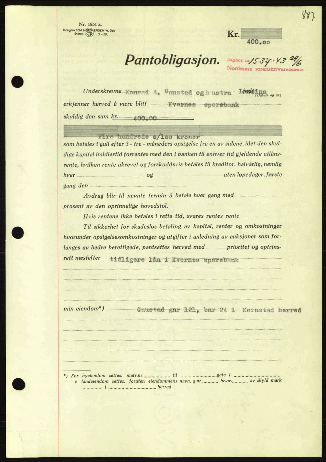 Nordmøre sorenskriveri, SAT/A-4132/1/2/2Ca: Pantebok nr. B90, 1942-1943, Dagboknr: 1537/1943